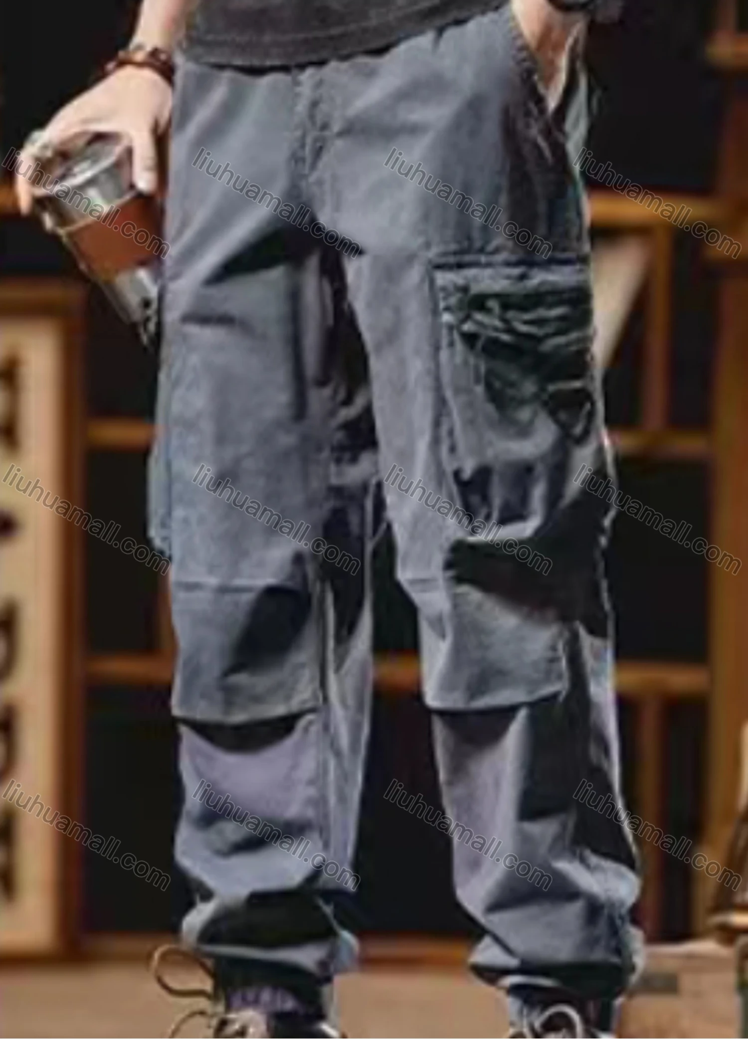 Wholesale Men's Casual Plain Flap Pockets Zip Decor Pleated Drawstring Cargo Pant 513# - Liuhuamall