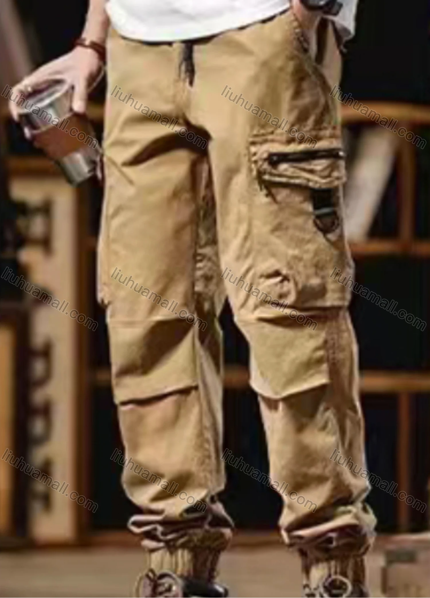 Wholesale Men's Casual Plain Flap Pockets Zip Decor Pleated Drawstring Cargo Pant 513# - Liuhuamall