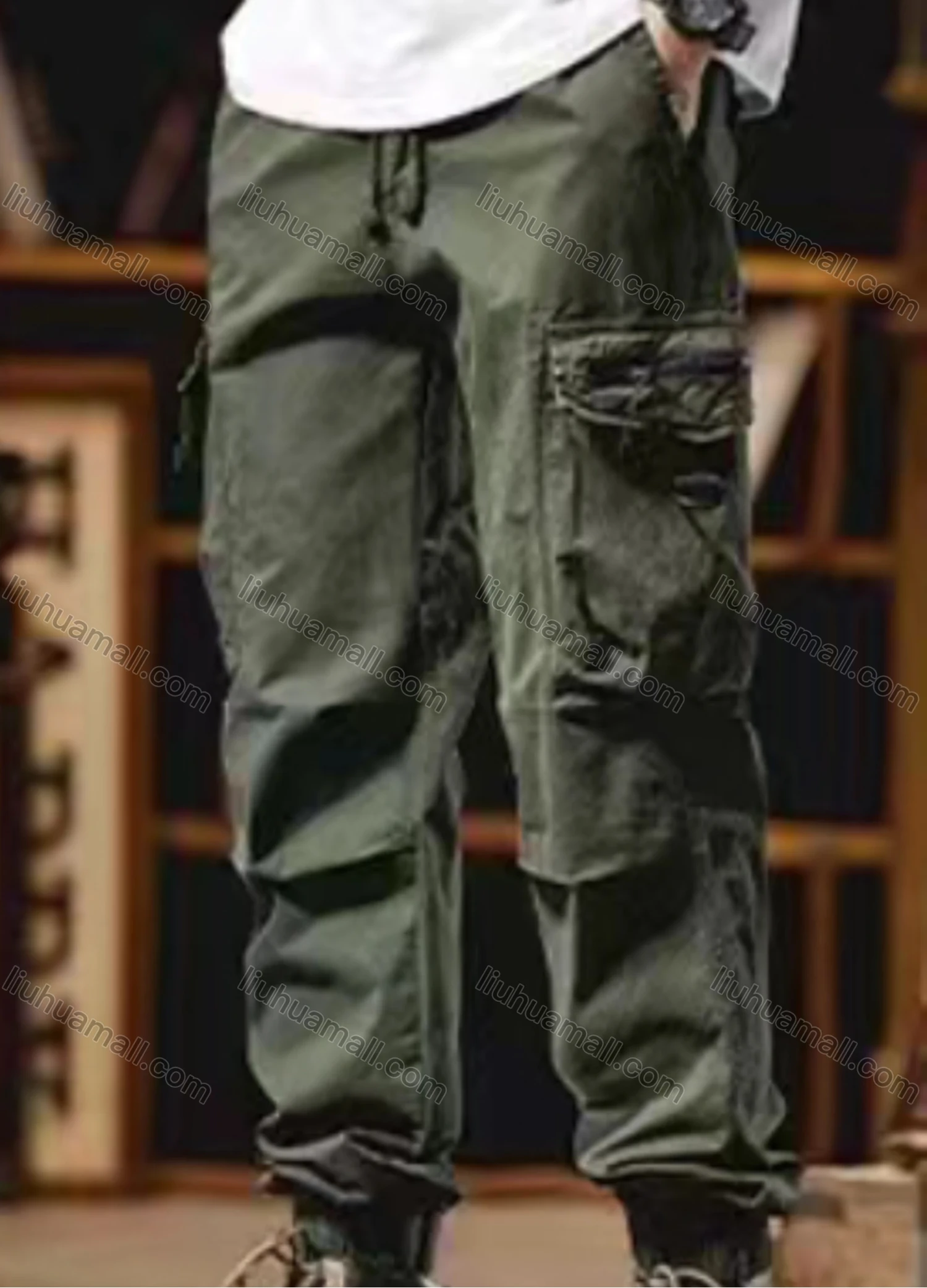 Wholesale Men's Casual Plain Flap Pockets Zip Decor Pleated Drawstring Cargo Pant 513# - Liuhuamall