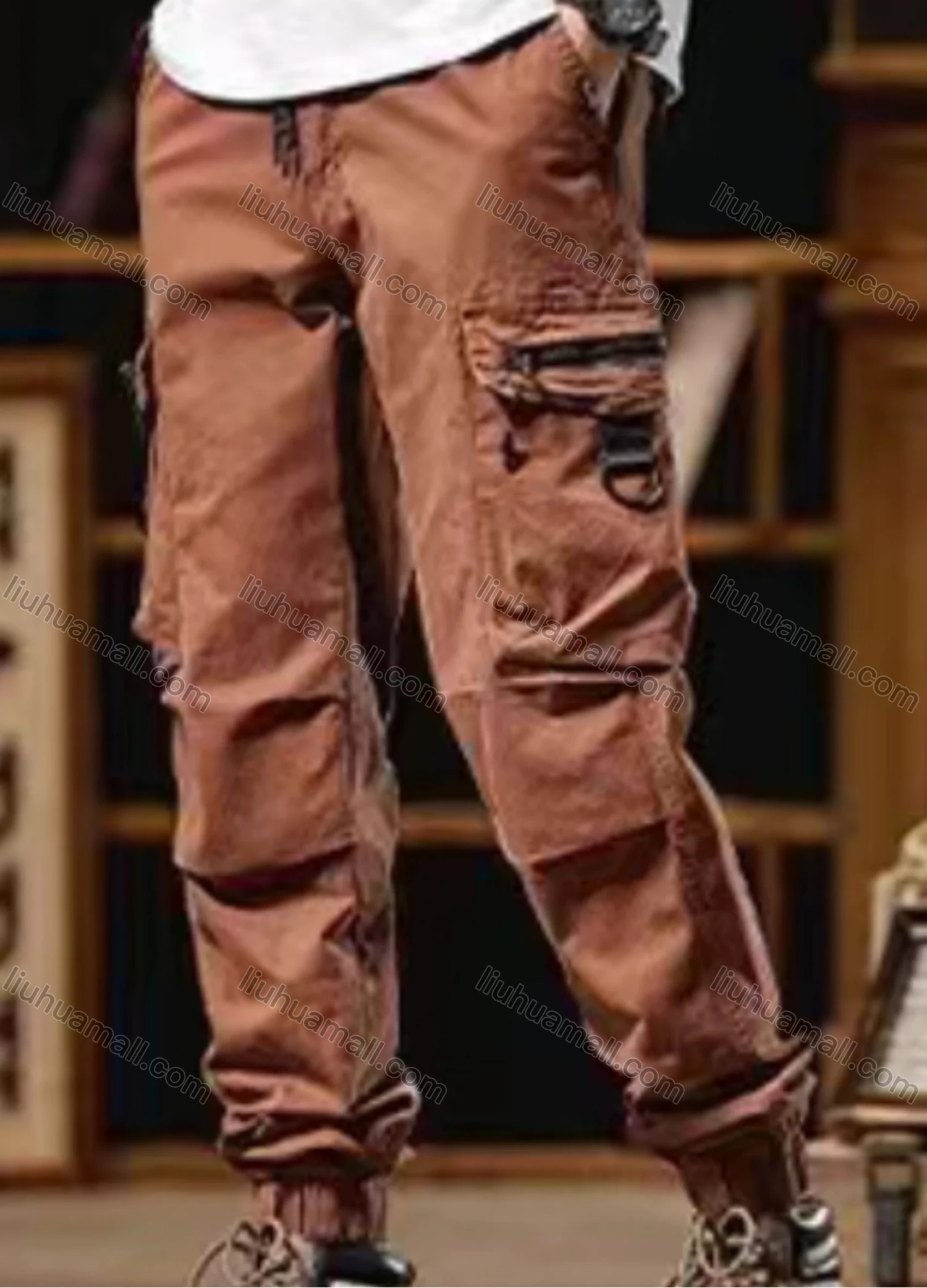 Wholesale Men's Casual Plain Flap Pockets Zip Decor Pleated Drawstring Cargo Pant 513# - Liuhuamall