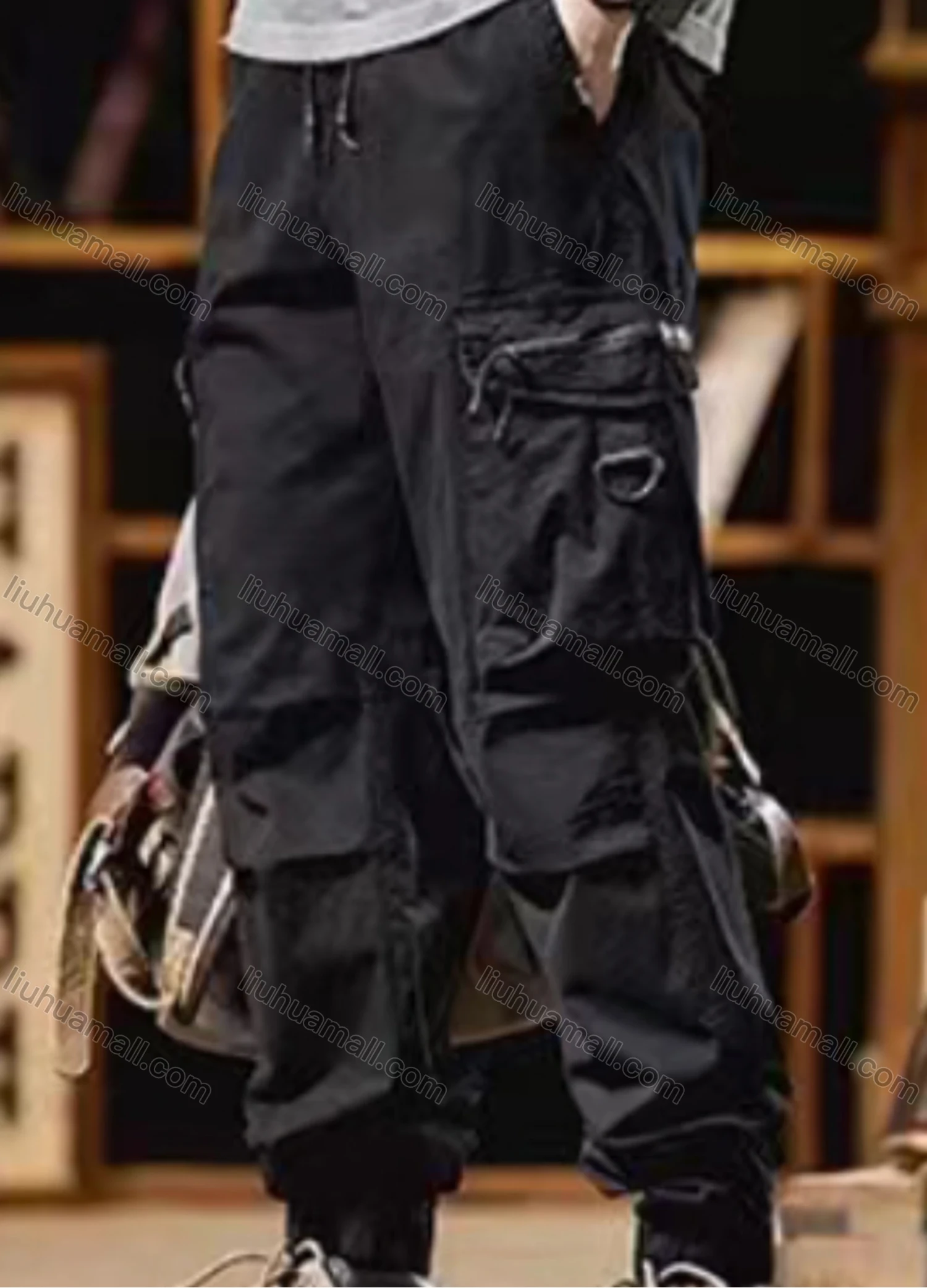 Wholesale Men's Casual Plain Flap Pockets Zip Decor Pleated Drawstring Cargo Pant 513# - Liuhuamall