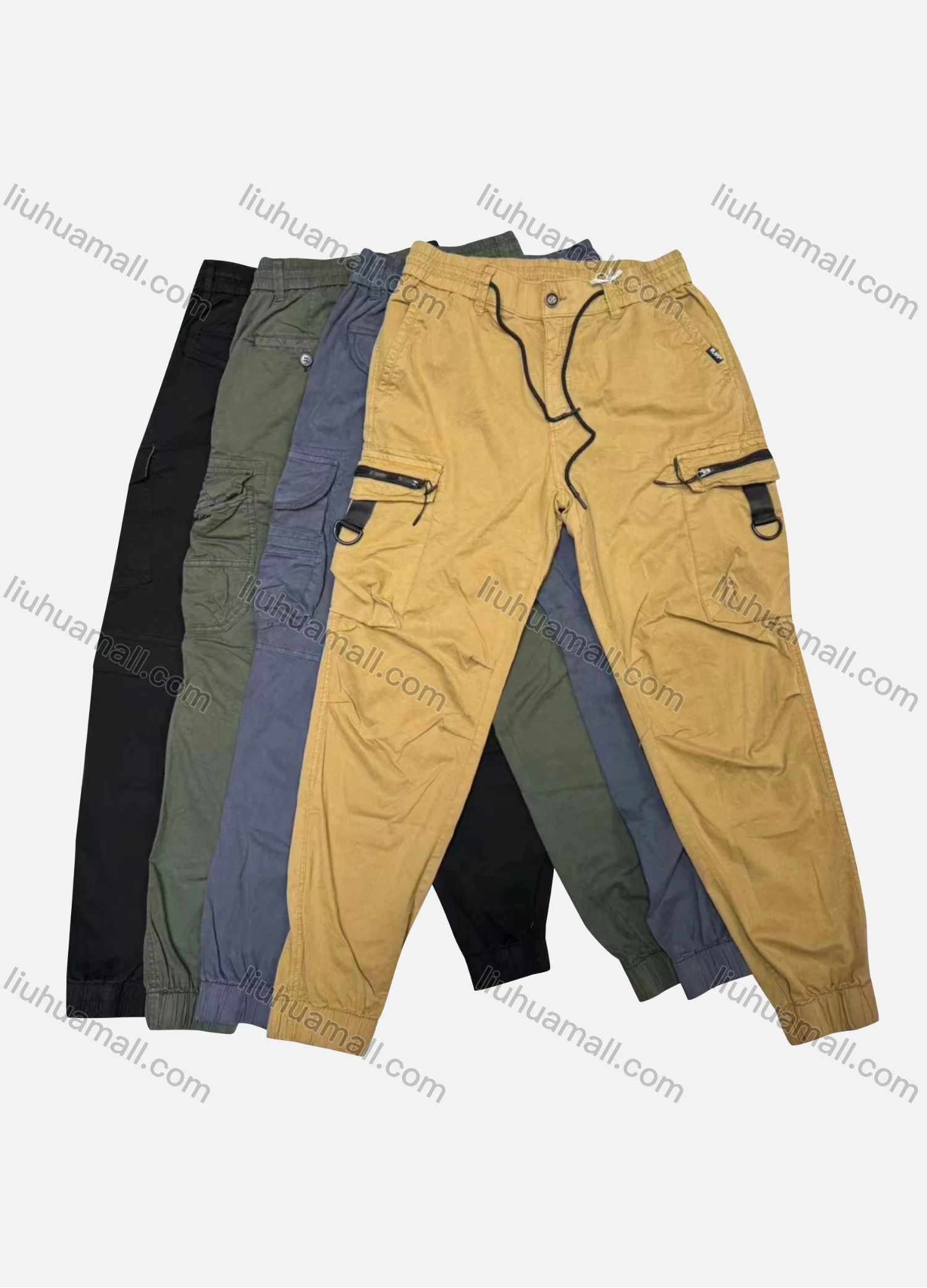Wholesale Men's Casual Plain Flap Pockets Zip Decor Drawstring Cargo Pant 513# - Liuhuamall