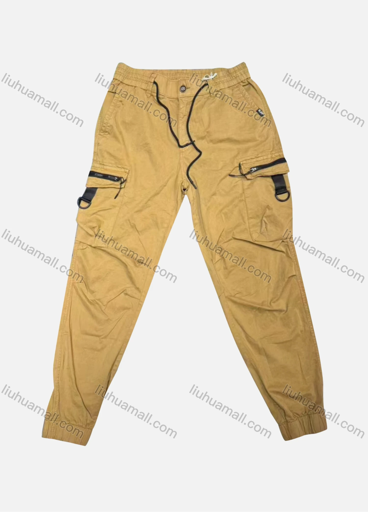 Wholesale Men's Casual Plain Flap Pockets Zip Decor Drawstring Cargo Pant 513# - Liuhuamall