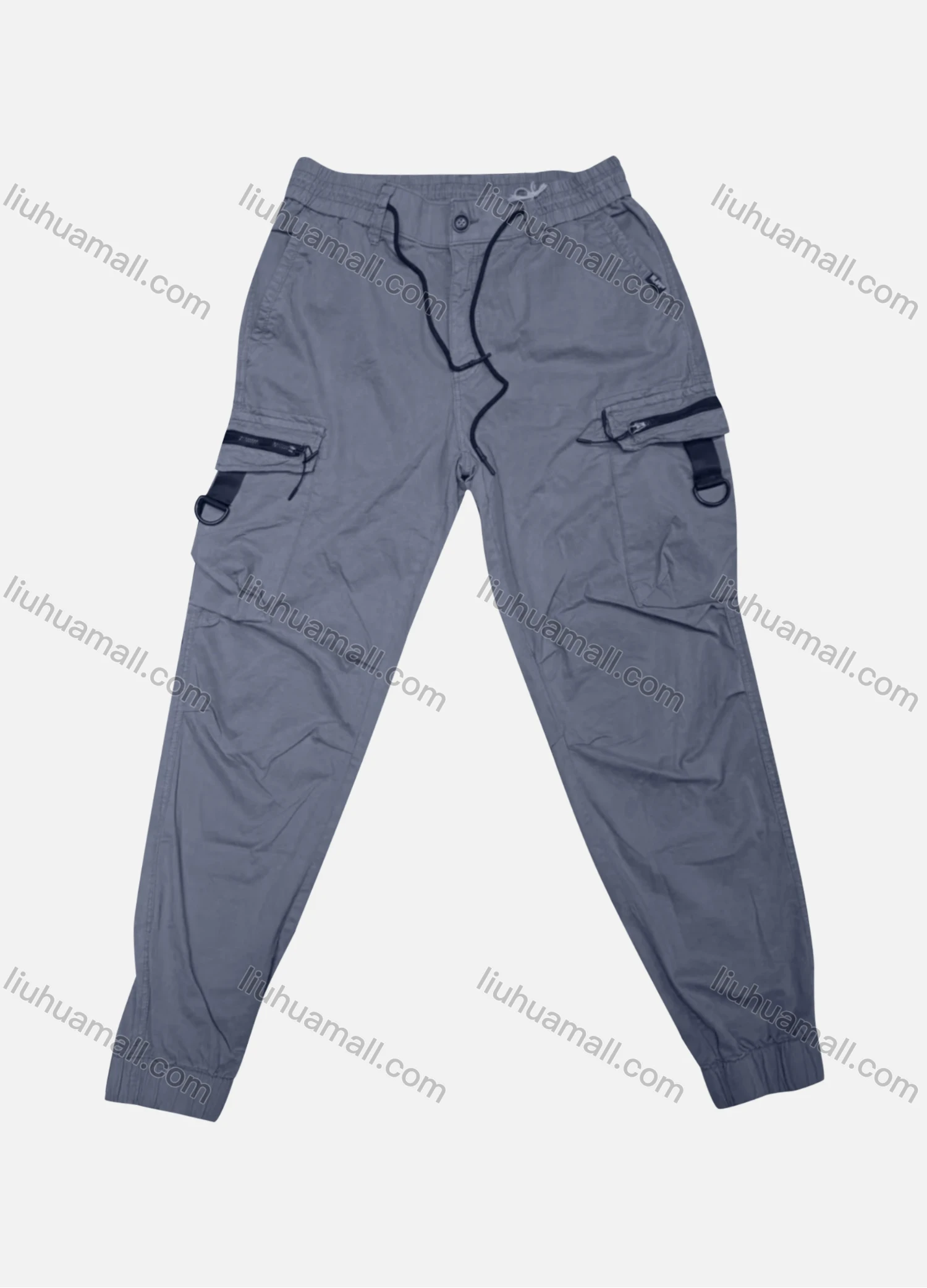 Wholesale Men's Casual Plain Flap Pockets Zip Decor Drawstring Cargo Pant 513# - Liuhuamall