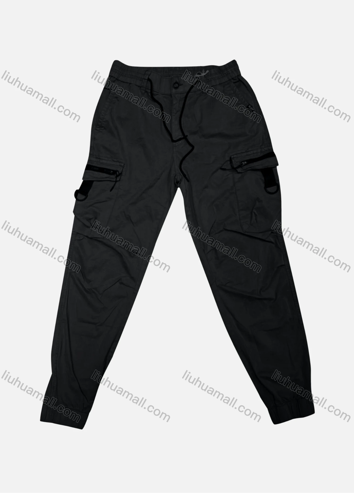 Wholesale Men's Casual Plain Flap Pockets Zip Decor Drawstring Cargo Pant 513# - Liuhuamall