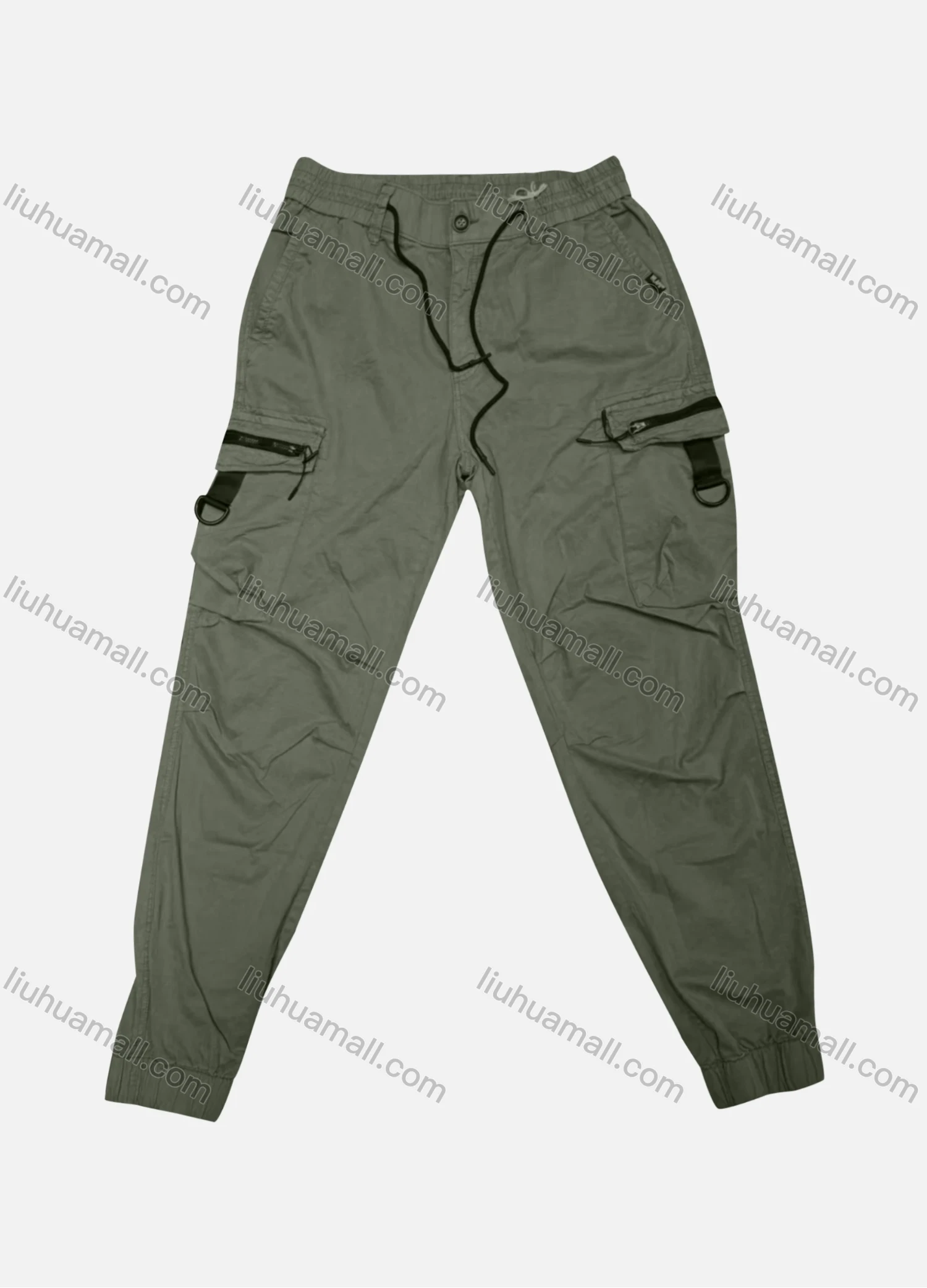 Wholesale Men's Casual Plain Flap Pockets Zip Decor Drawstring Cargo Pant 513# - Liuhuamall