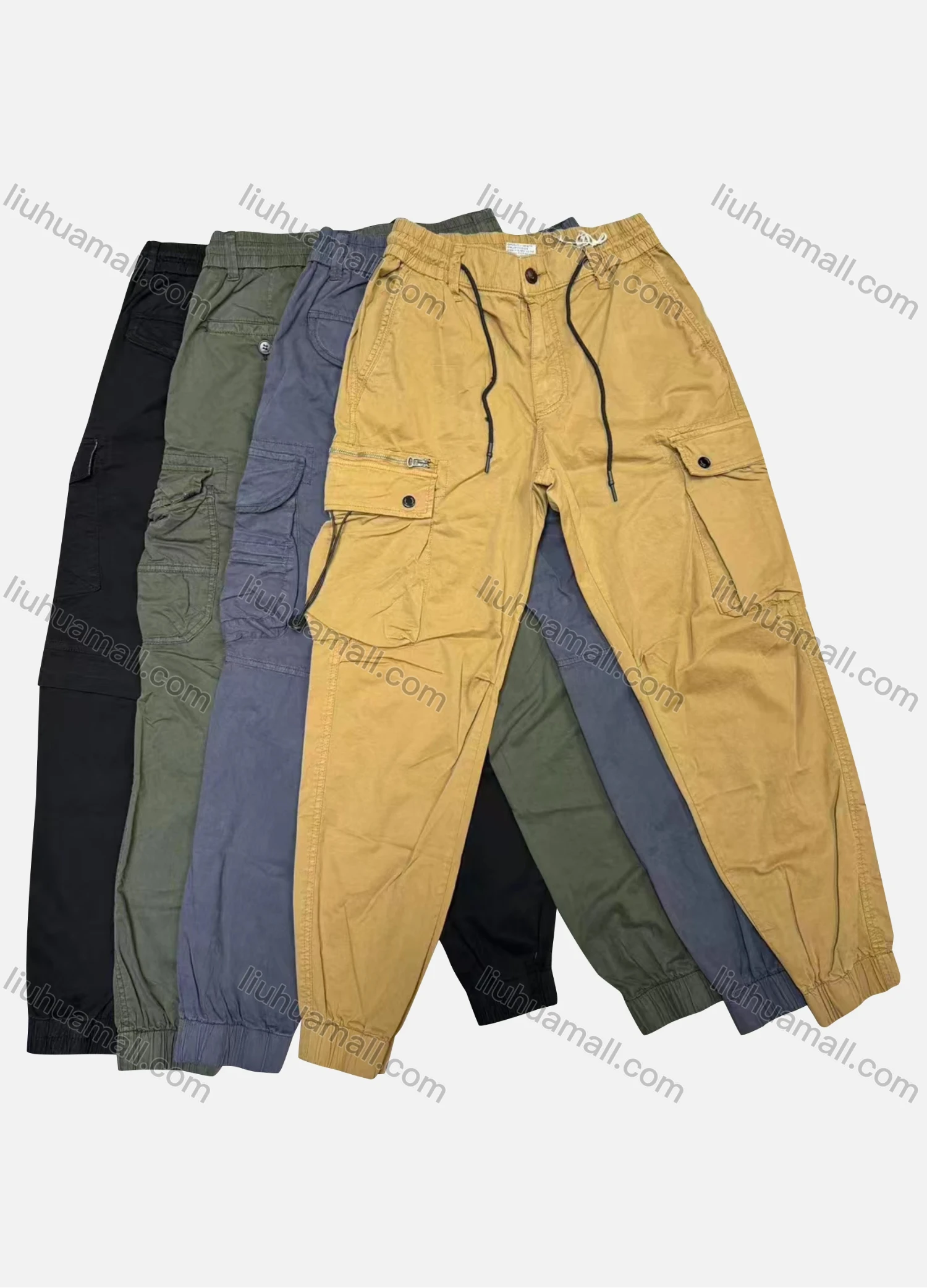 Wholesale Men's Casual Plain Flap Pockets Zip Decor Drawstring Cargo Pant 508# - Liuhuamall