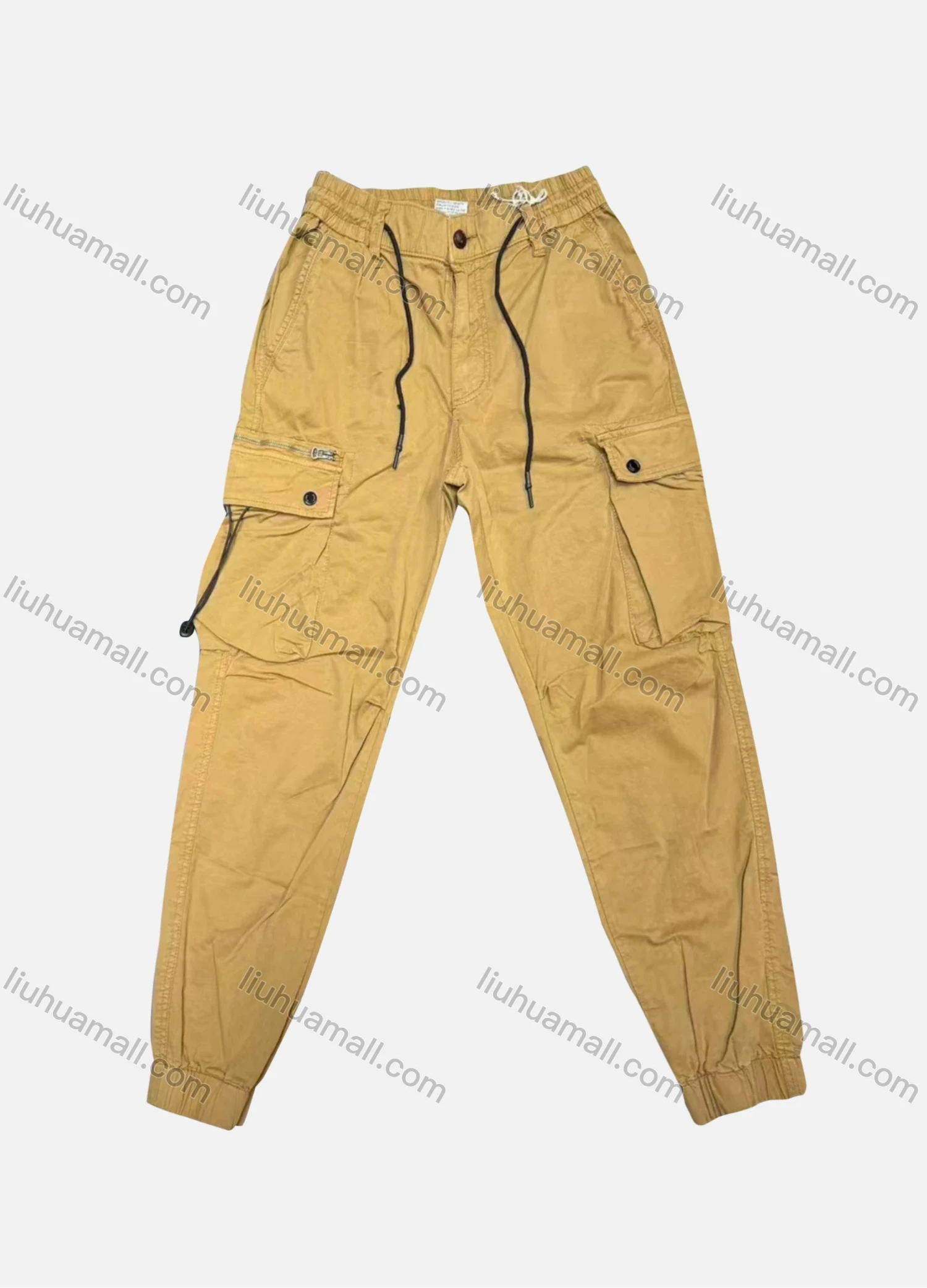 Wholesale Men's Casual Plain Flap Pockets Zip Decor Drawstring Cargo Pant 508# - Liuhuamall