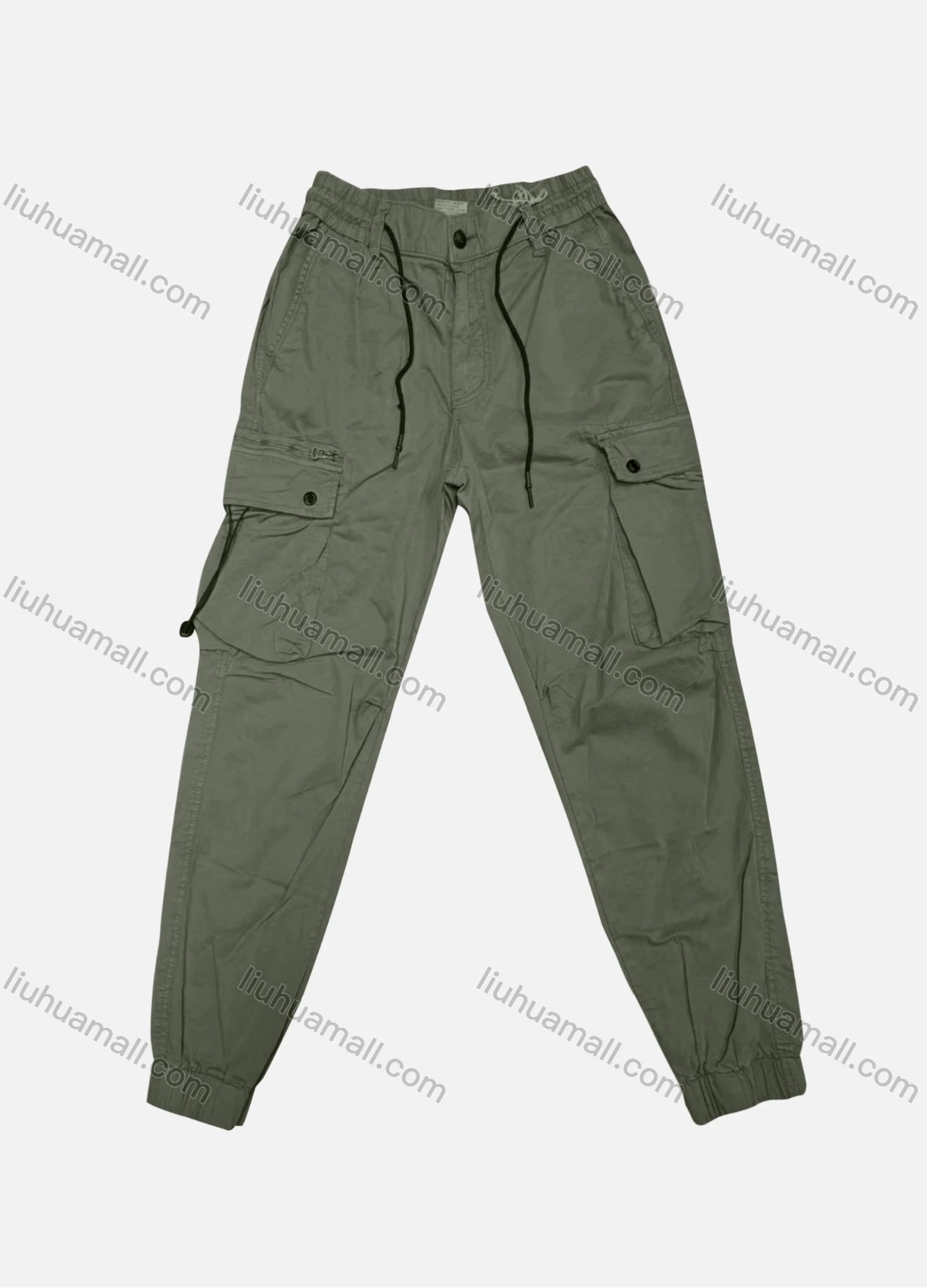 Wholesale Men's Casual Plain Flap Pockets Zip Decor Drawstring Cargo Pant 508# - Liuhuamall