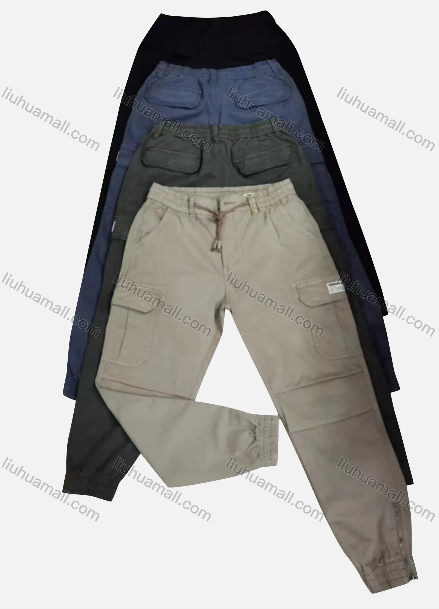 Wholesale Men's Casual Plain Flap Pockets Pleated Drawstring Cargo Pant 2211# - Liuhuamall