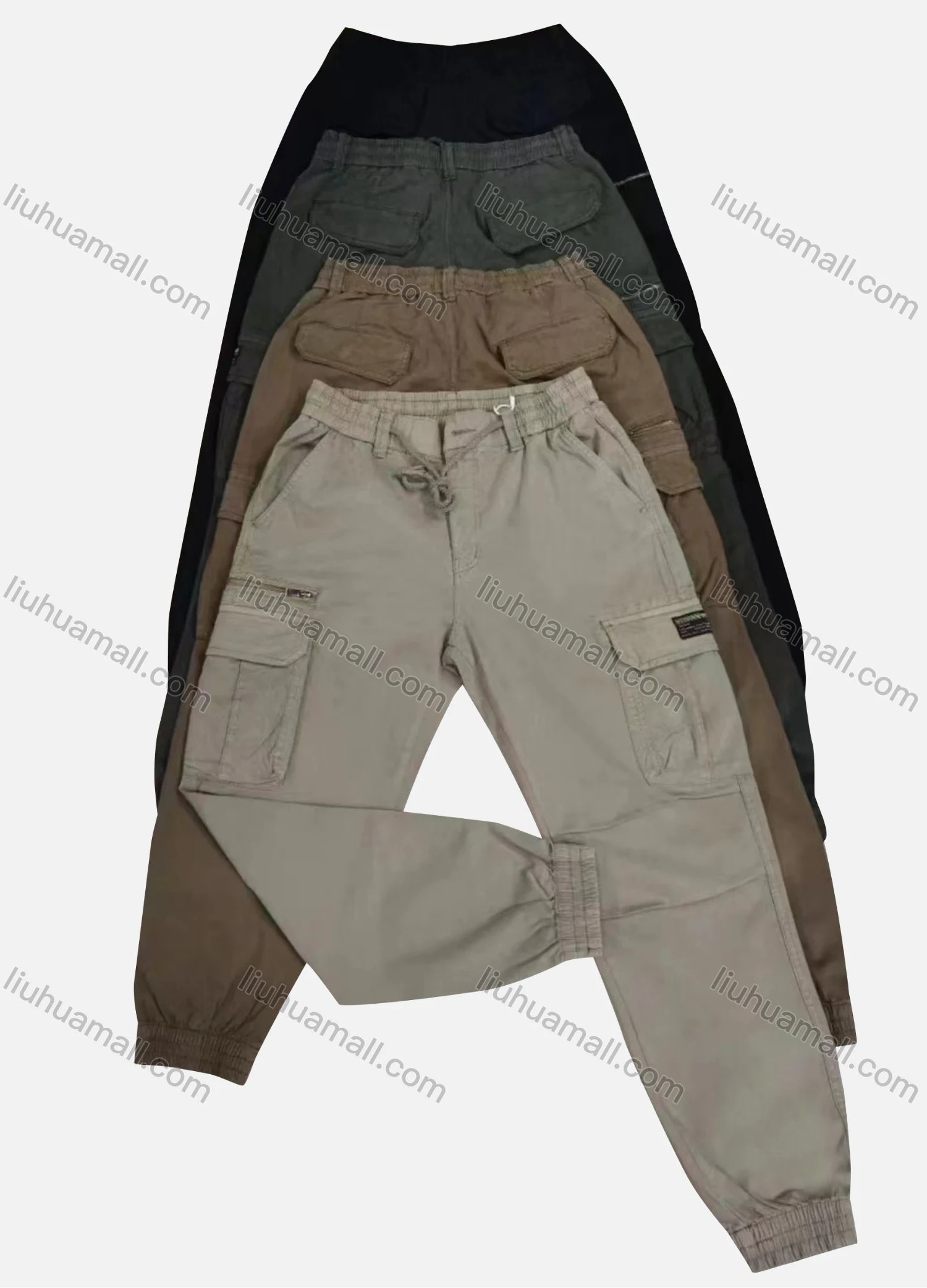 Wholesale Men's Casual Plain Flap Pockets Zip Decor Drawstring Cargo Pant 2212# - Liuhuamall