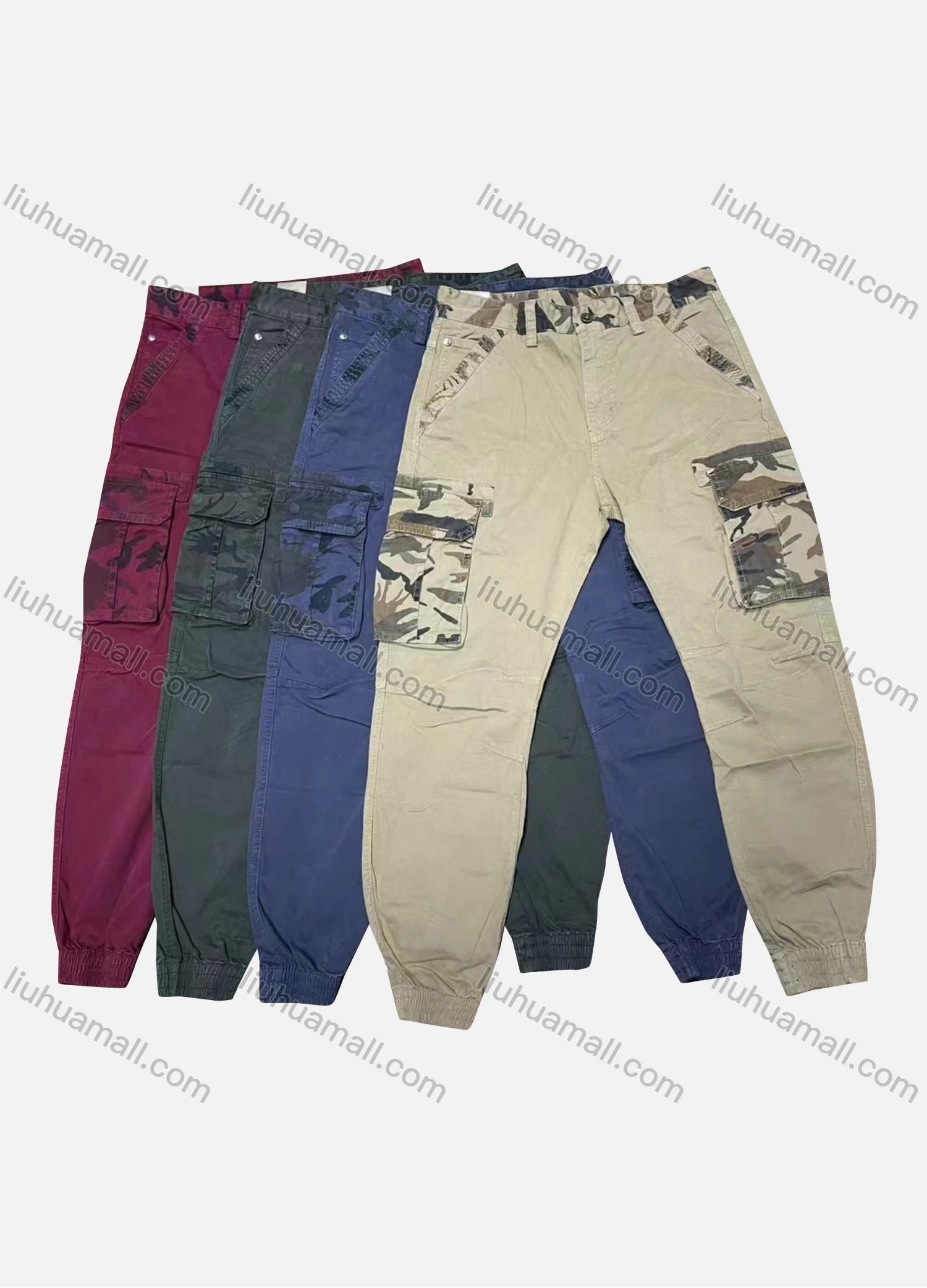 Wholesale Men's Casual Plain Splicing Camouflage Flap Pockets Button Closure Cargo Pant W9032# - Liuhuamall