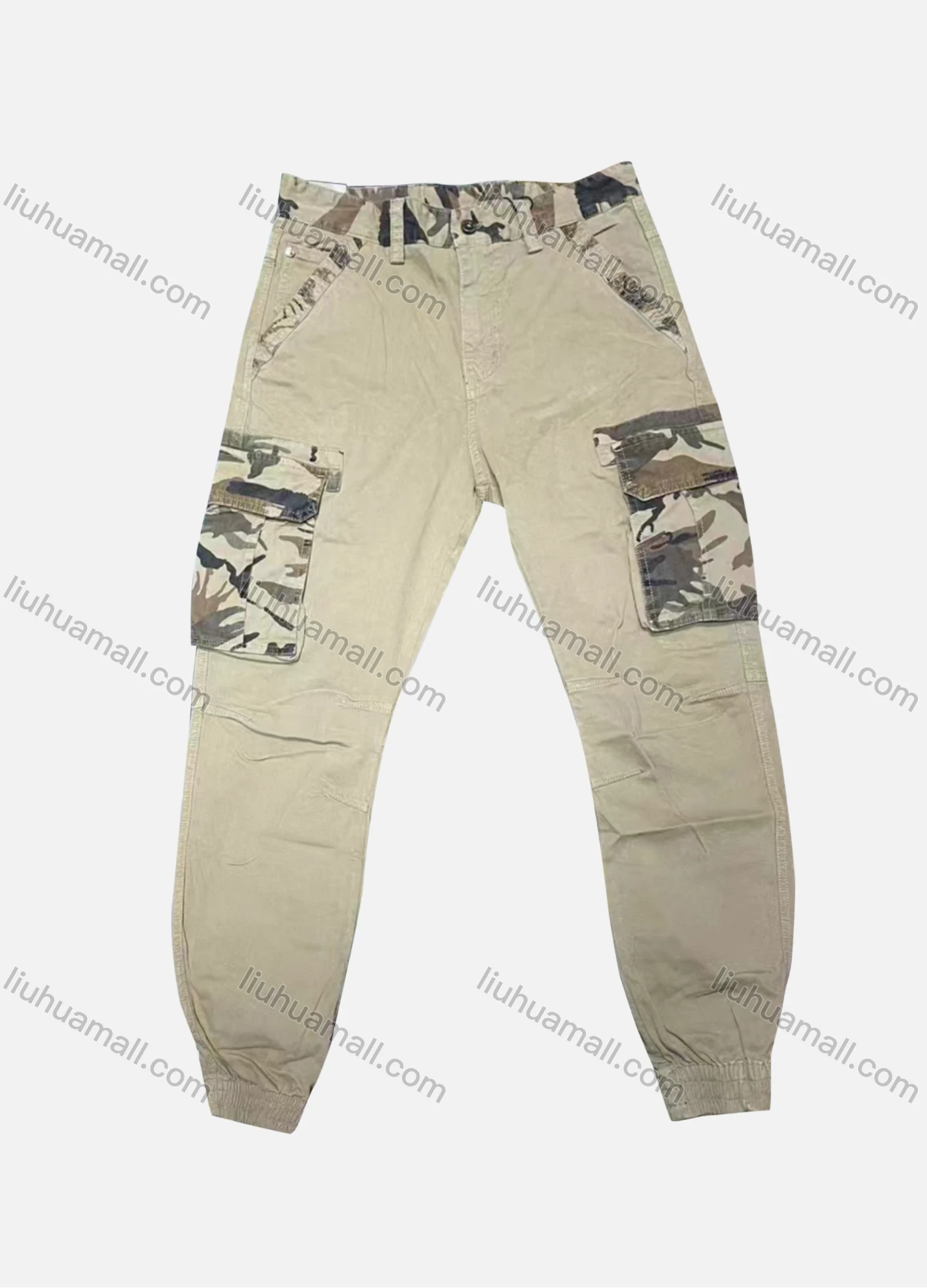 Wholesale Men's Casual Plain Splicing Camouflage Flap Pockets Button Closure Cargo Pant W9032# - Liuhuamall