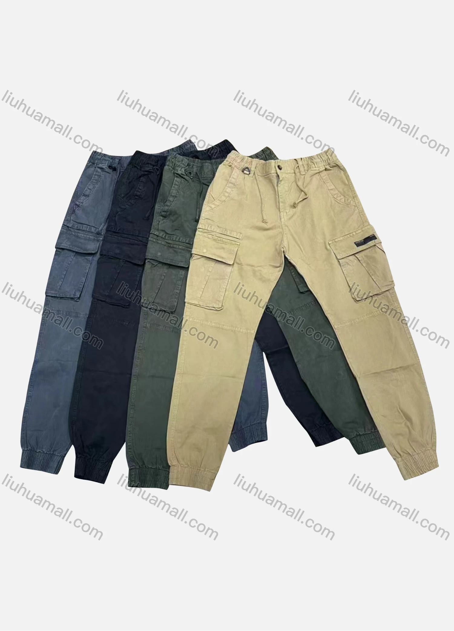 Wholesale Men's Casual Plain Flap Pockets Drawstring Cargo Pant 8096# - Liuhuamall