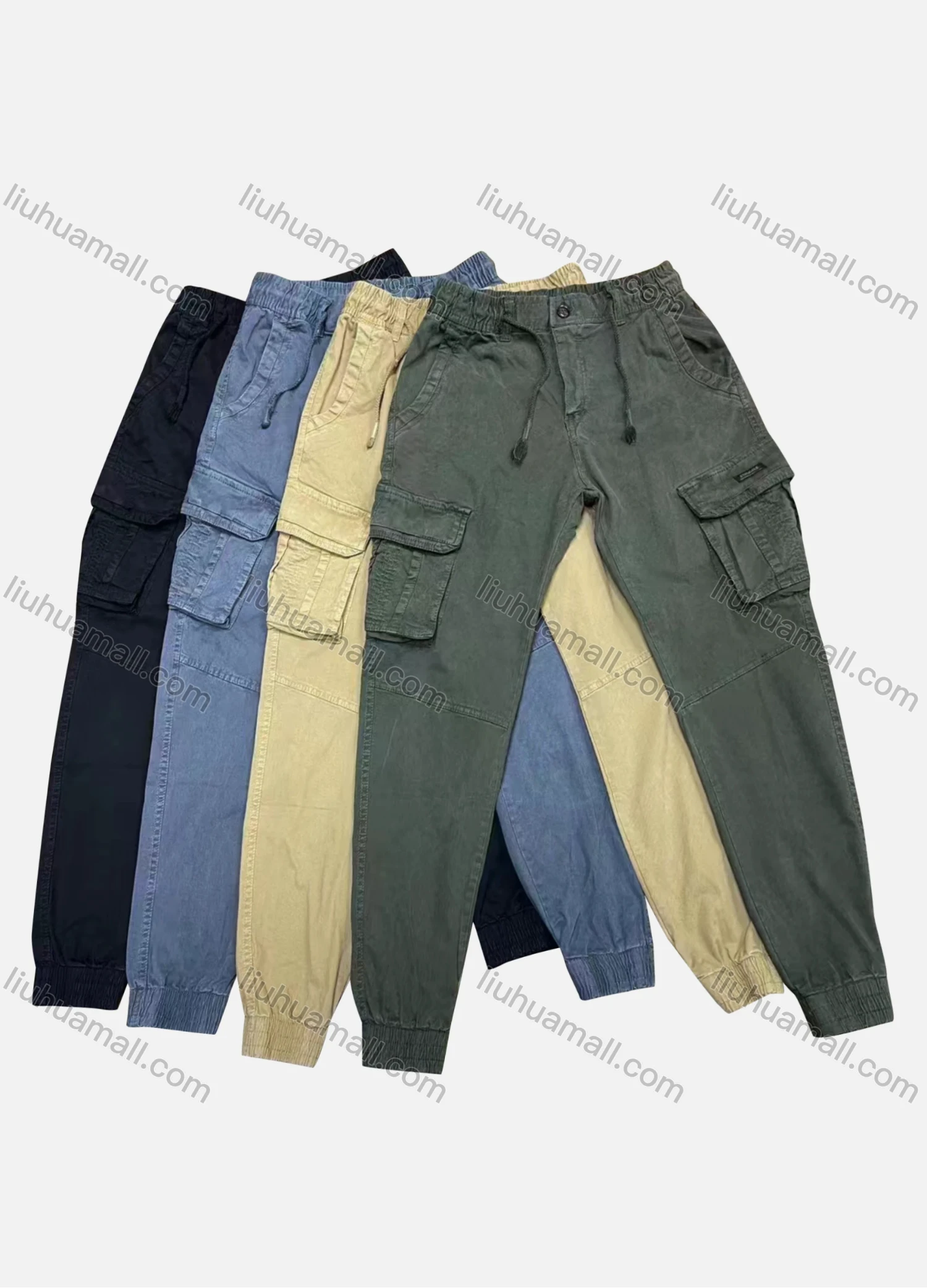 Wholesale Men's Casual Plain Flap Pockets Drawstring Cargo Pant 8091# - Liuhuamall