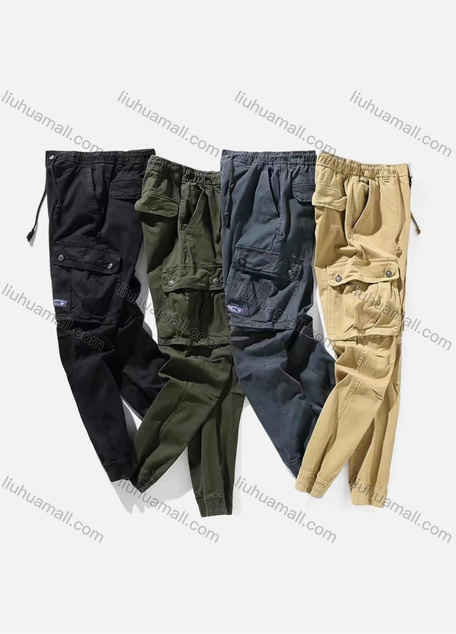 Wholesale Men's Casual Plain Flap Pockets Drawstring Cargo Pant 9929# - Liuhuamall