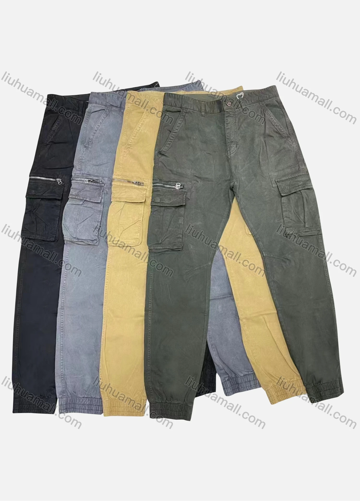 Wholesale Men's Casual Plain Flap Pockets Zip Decor Button Closure Cargo Pant 9958# - Liuhuamall