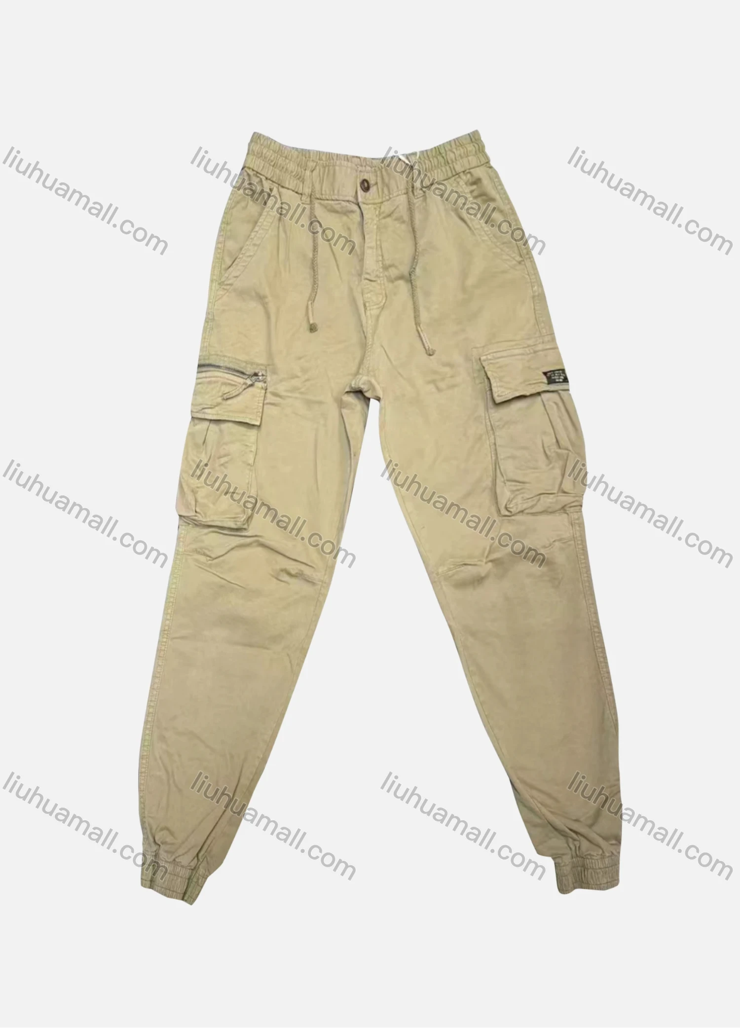 Wholesale Men's Casual Plain Flap Pockets Zip Decor Drawstring Cargo Pant 9962# - Liuhuamall