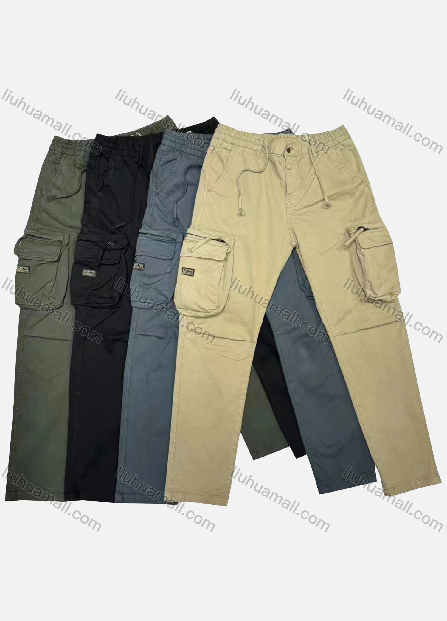 Wholesale Men's Casual Plain Flap Pockets Zip Decor Drawstring Cargo Pant 9985# - Liuhuamall