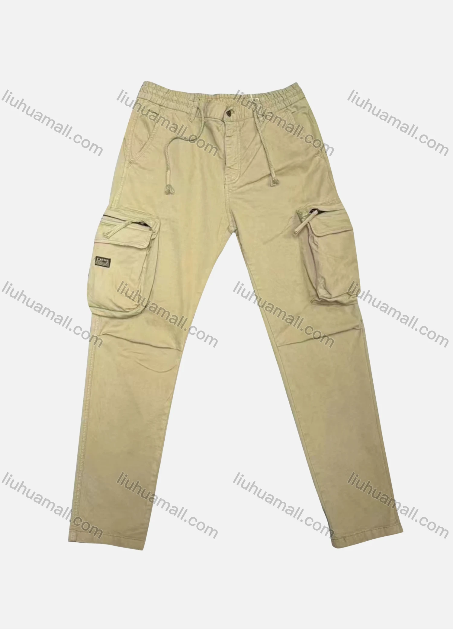 Wholesale Men's Casual Plain Flap Pockets Zip Decor Drawstring Cargo Pant 9985# - Liuhuamall