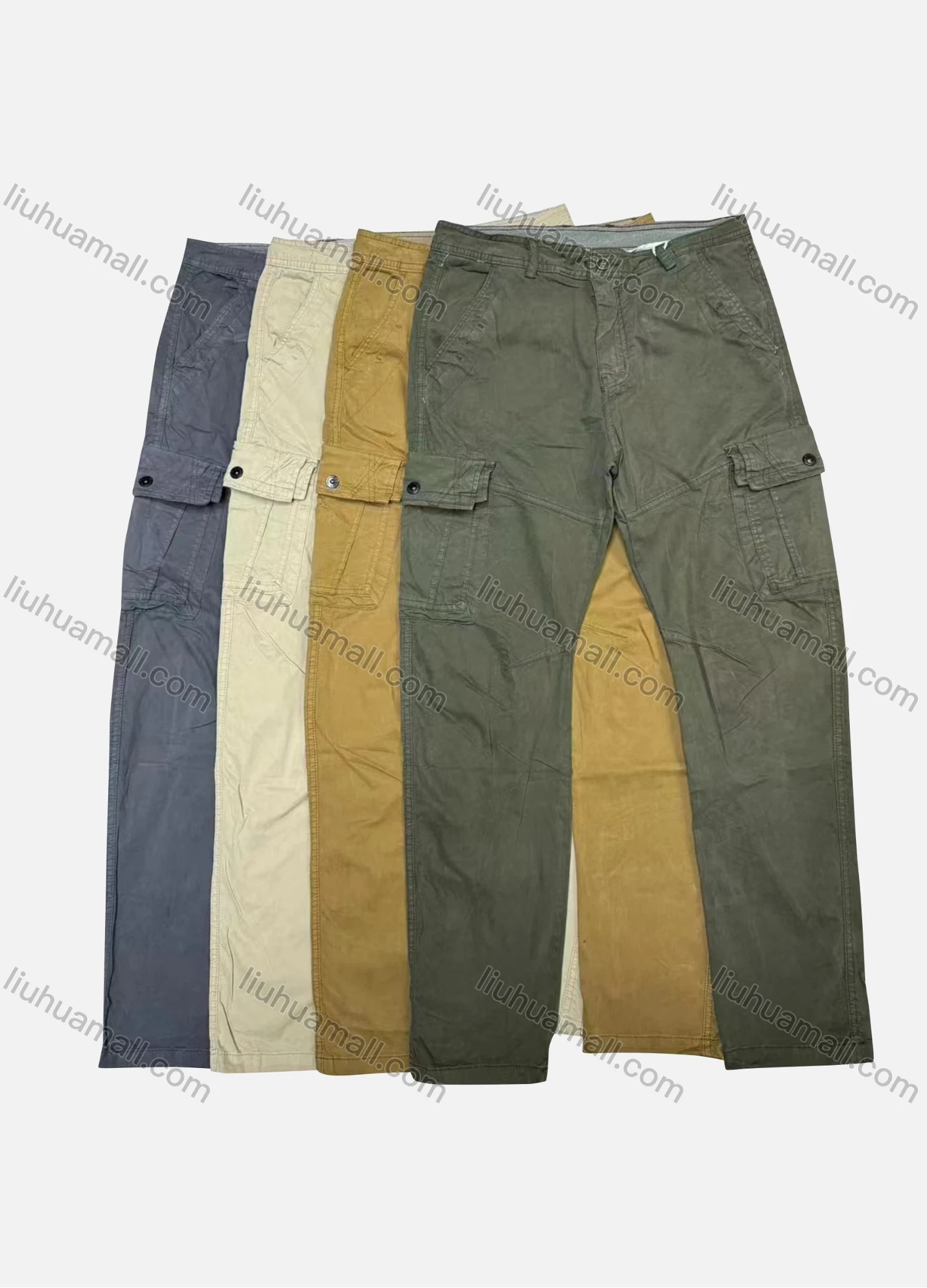 Wholesale Men's Casual Plain Flap Pockets Button Closure Cargo Pant 9A887# - Liuhuamall