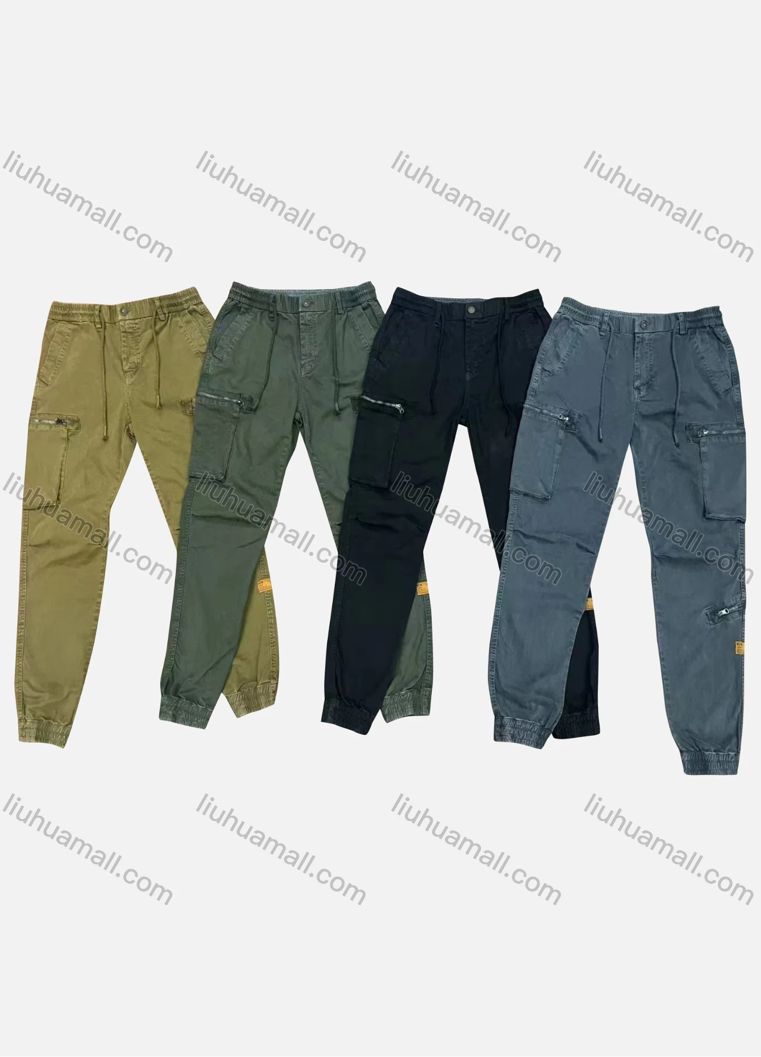 Wholesale Men's Casual Plain Zipper Pockets Drawstring Cargo Pant 9330# - Liuhuamall
