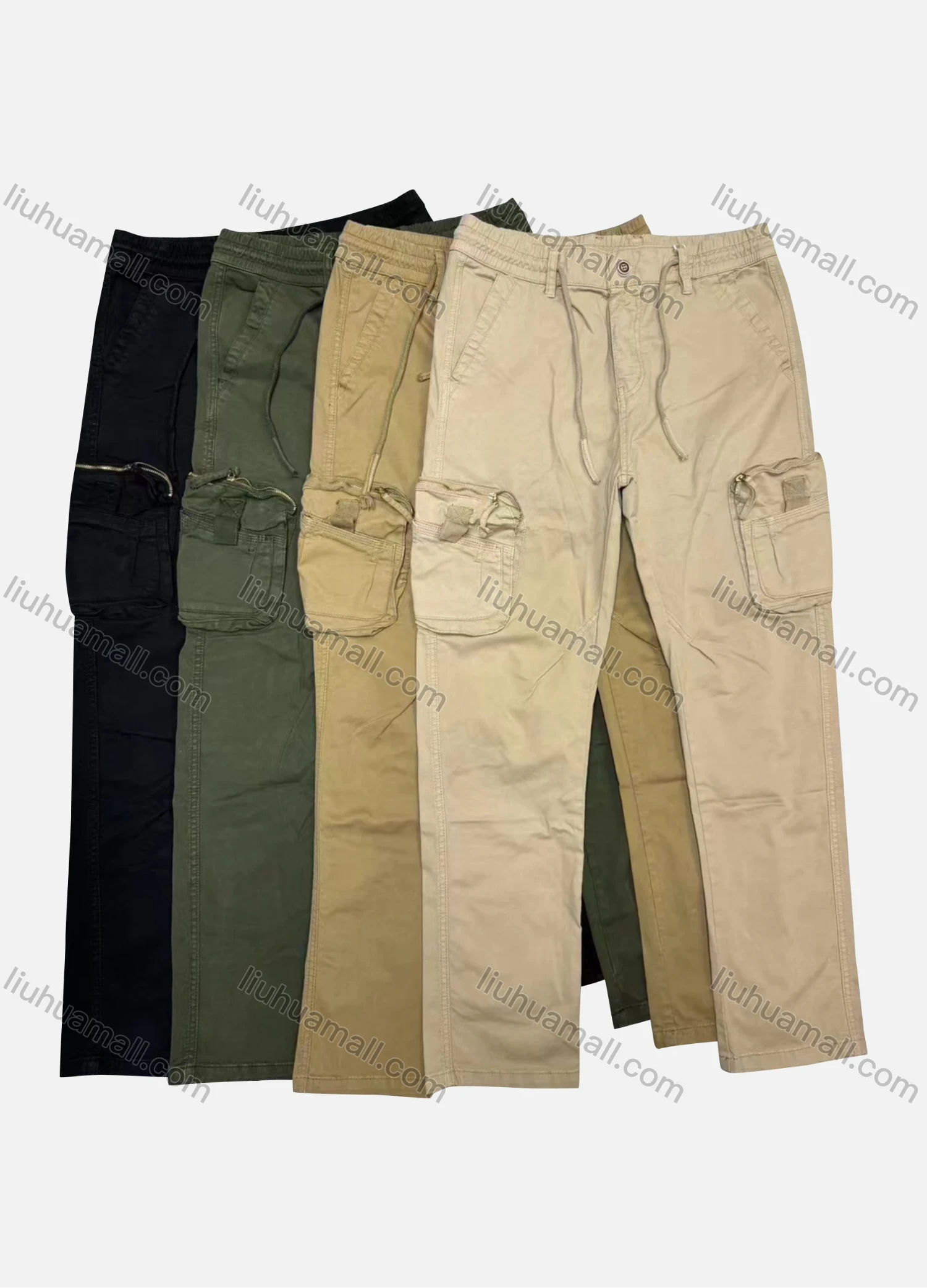 Wholesale Men's Casual Plain Zipper Pockets Drawstring Cargo Pant 8096# - Liuhuamall