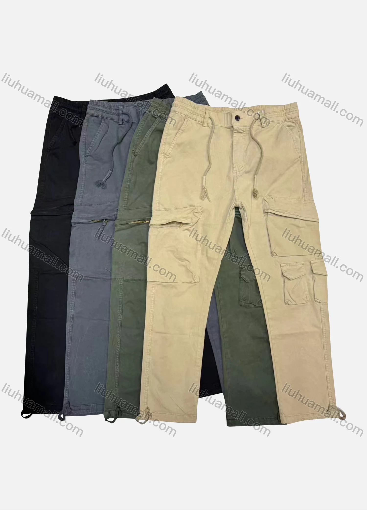 Wholesale Men's Casual Plain Zipper Pockets Drawstring Cargo Pant 8107# - Liuhuamall