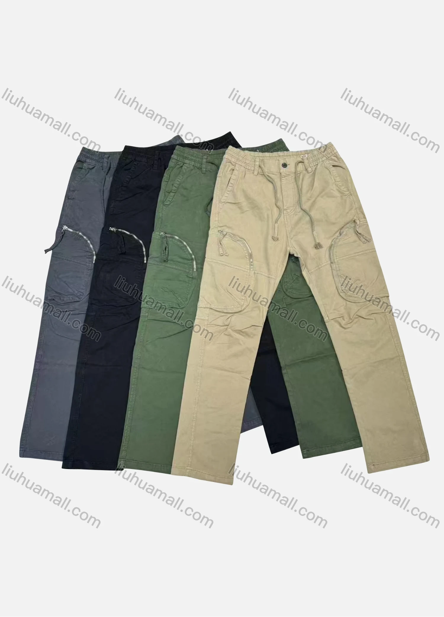 Wholesale Men's Casual Plain Zipper Pockets Drawstring Cargo Pant 7611# - Liuhuamall