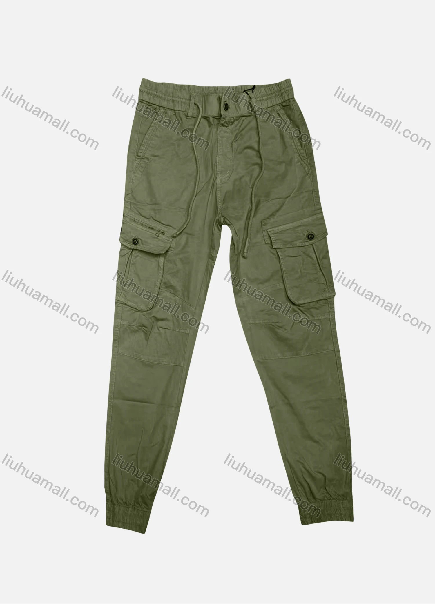 Wholesale Men's Casual Plain Flap Pockets Zip Decor Drawstring Cargo Pant 20145# - Liuhuamall