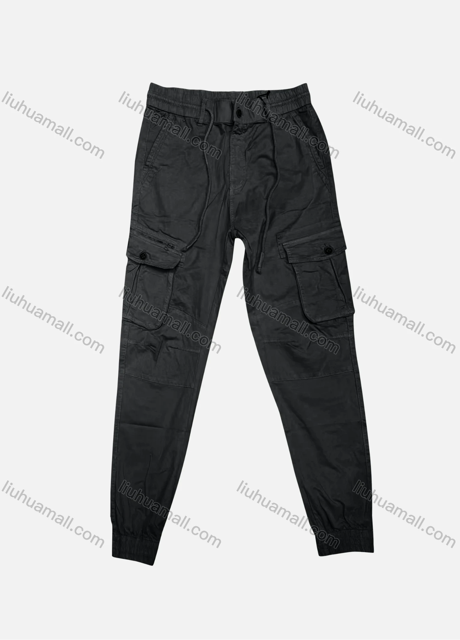 Wholesale Men's Casual Plain Flap Pockets Zip Decor Drawstring Cargo Pant 20145# - Liuhuamall