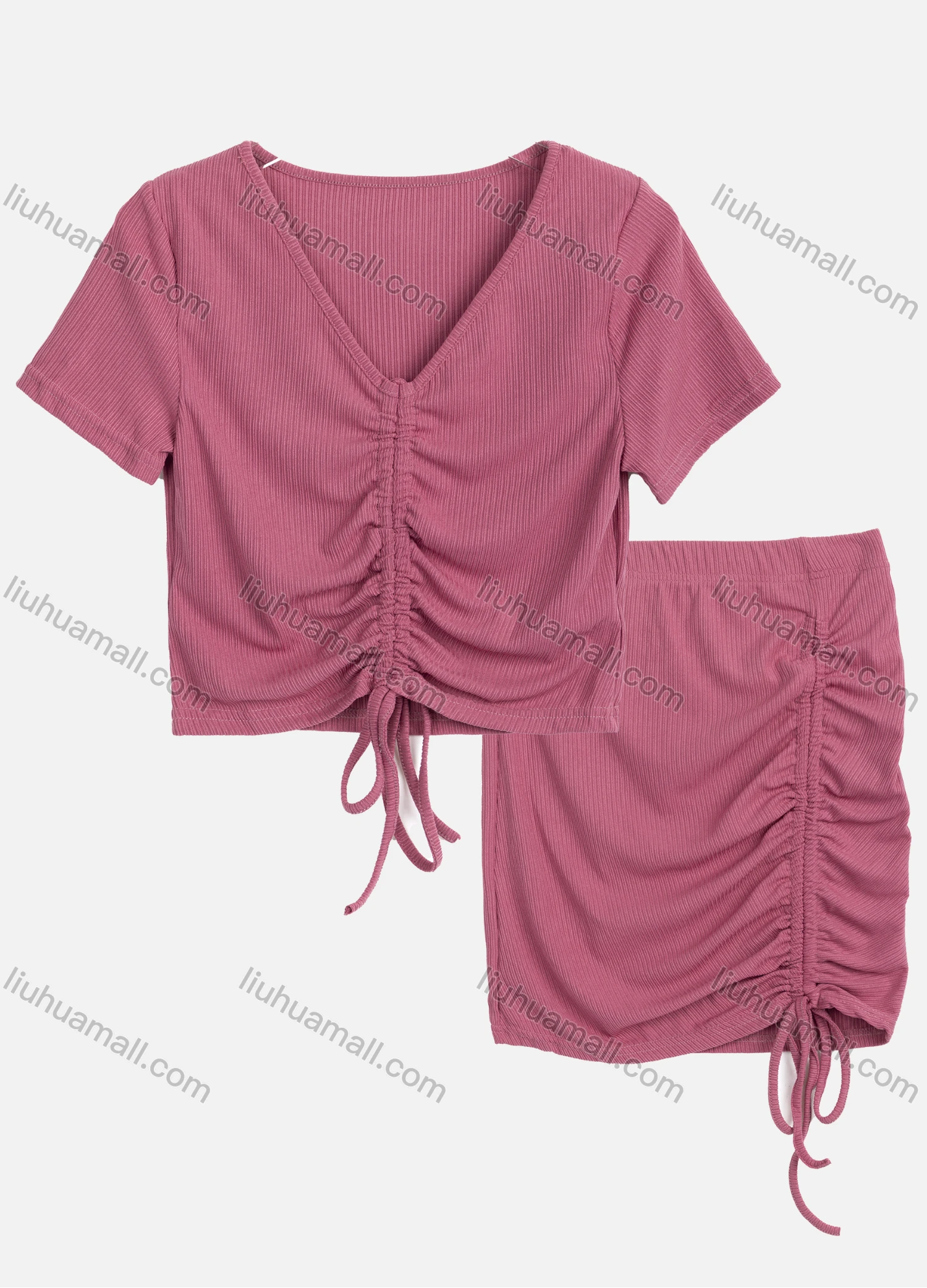 Wholesale Women's Casual Plain V Neck Short Sleeve Ruched Drawstring Top & Skirt Sets 2567# - Liuhuamall
