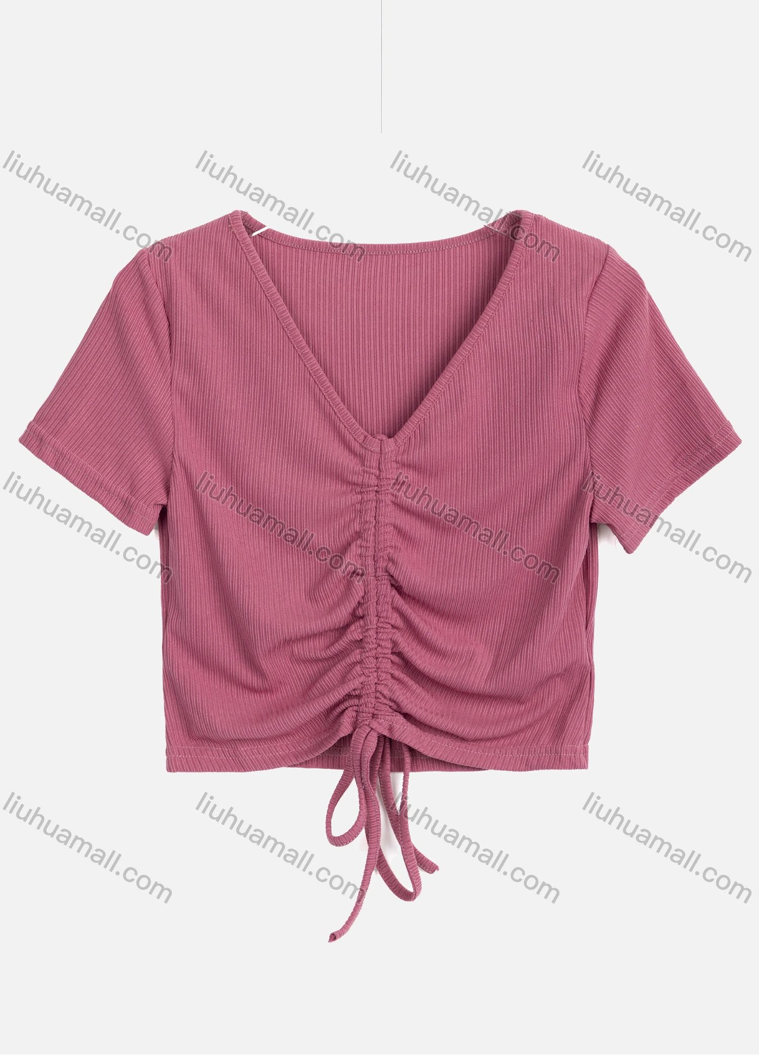 Wholesale Women's Casual Plain V Neck Short Sleeve Ruched Drawstring Top & Skirt Sets 2567# - Liuhuamall