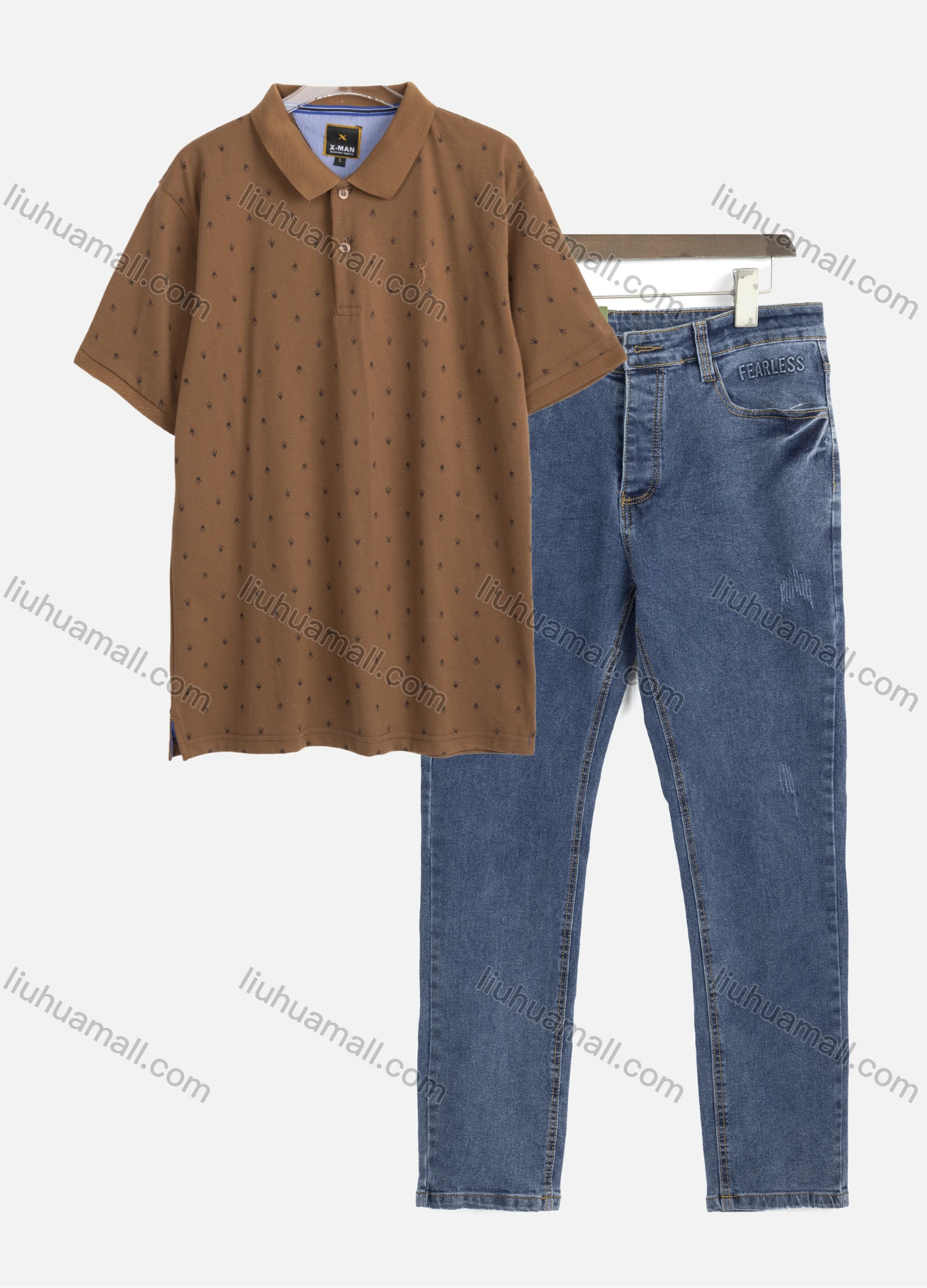 Wholesale Men's Casual Allover Print Short Sleeve Polo Shirts & Plain Pockets Jeans 2-Piece Set AK5+E8LT-11# - Liuhuamall