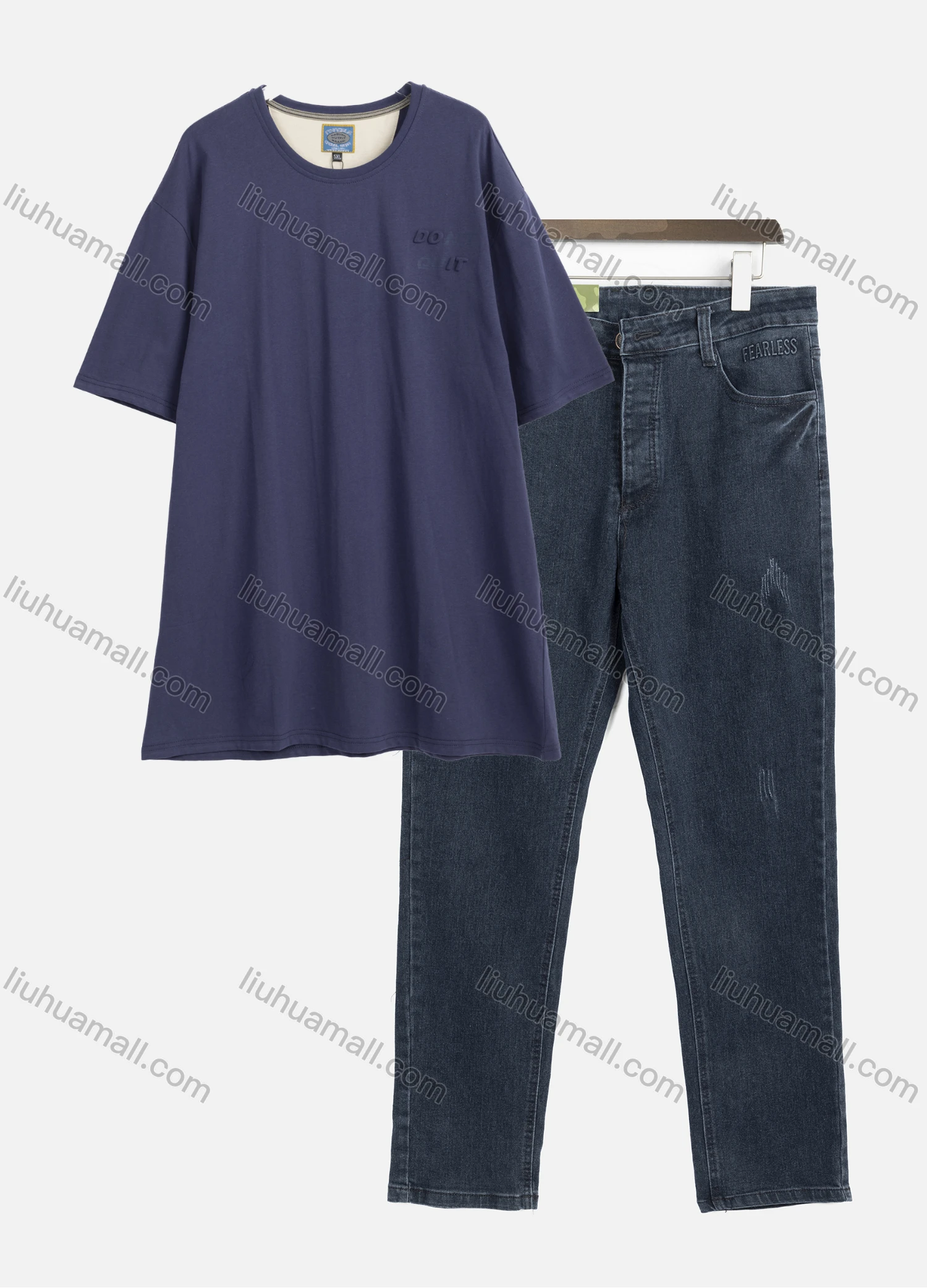 Wholesale Men's Casual Plain Drop Shoulder Short Sleeve T-Shirts & Plain Pockets Jeans 2-Piece Set E3TS4-OR1+E8LT-11# - Liuhuamall