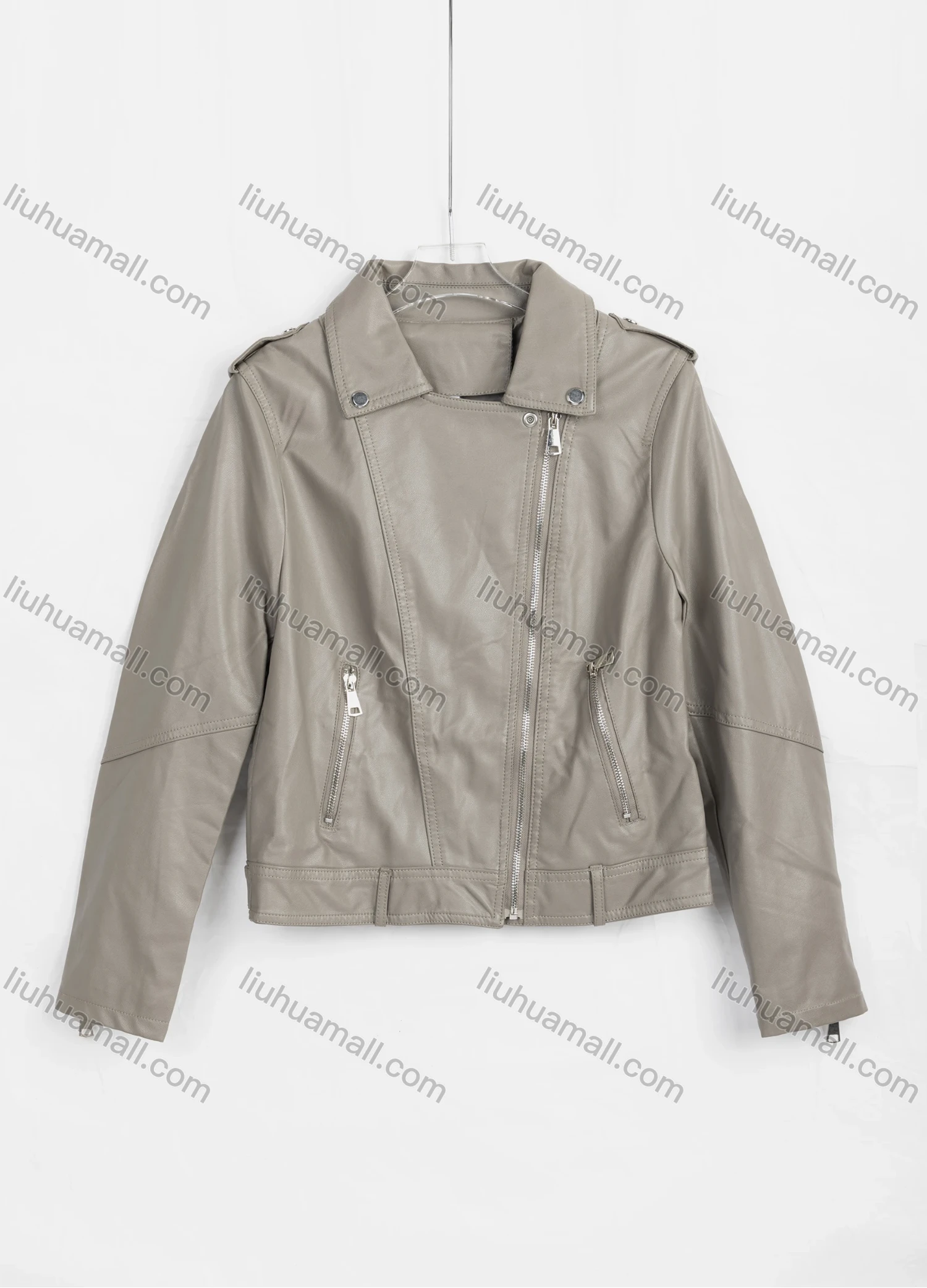 Wholesale Women's Fashion Plain Collared Long Sleeve Zipper Pockets 100%PU Leather Jacket 2663# - Liuhuamall