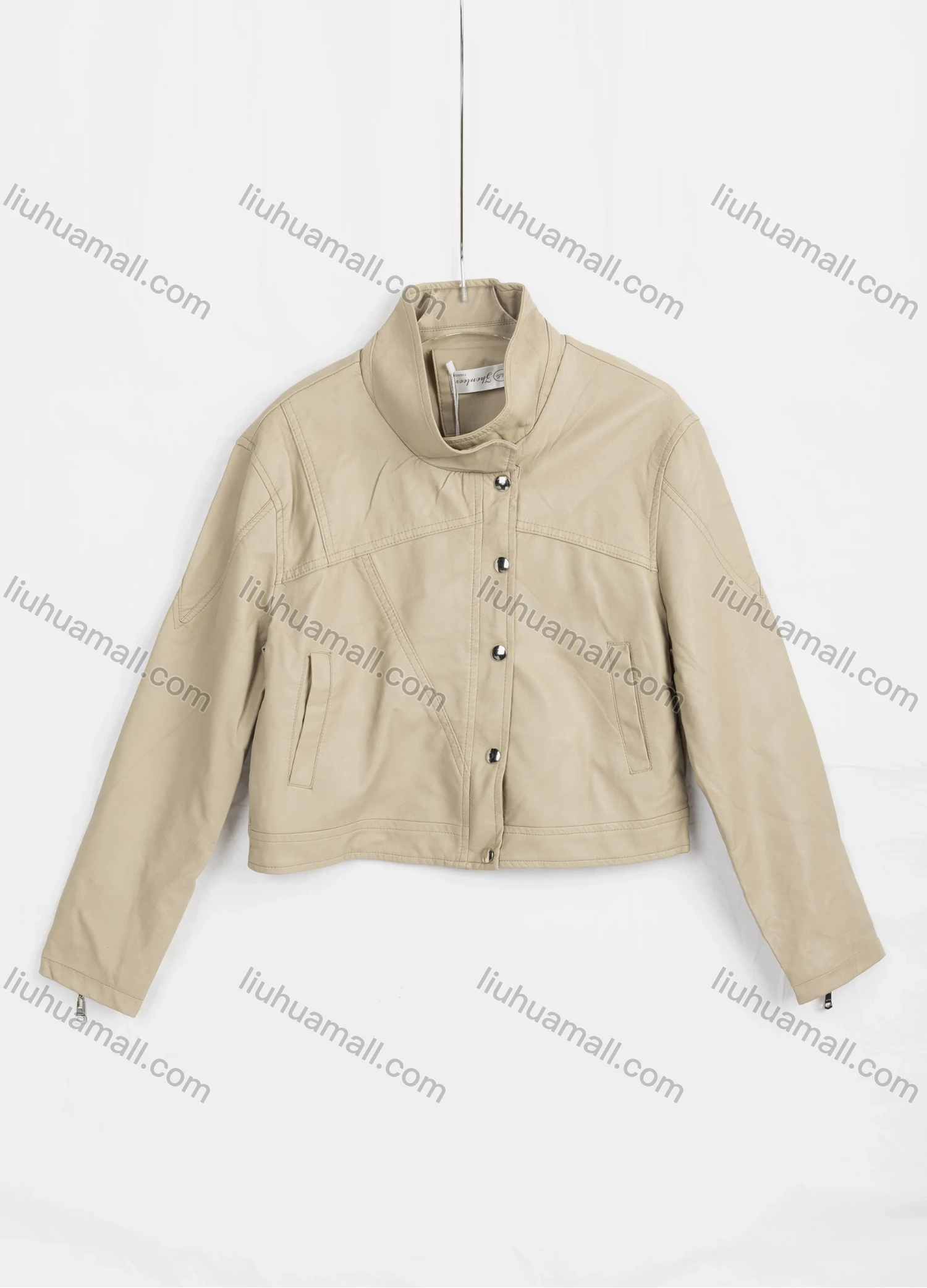 Wholesale Women's Casual Plain Stand Collar Long Sleeve Button Down Patch Pocket Crop 100%PU Leather Jacket 8883# - Liuhuamall