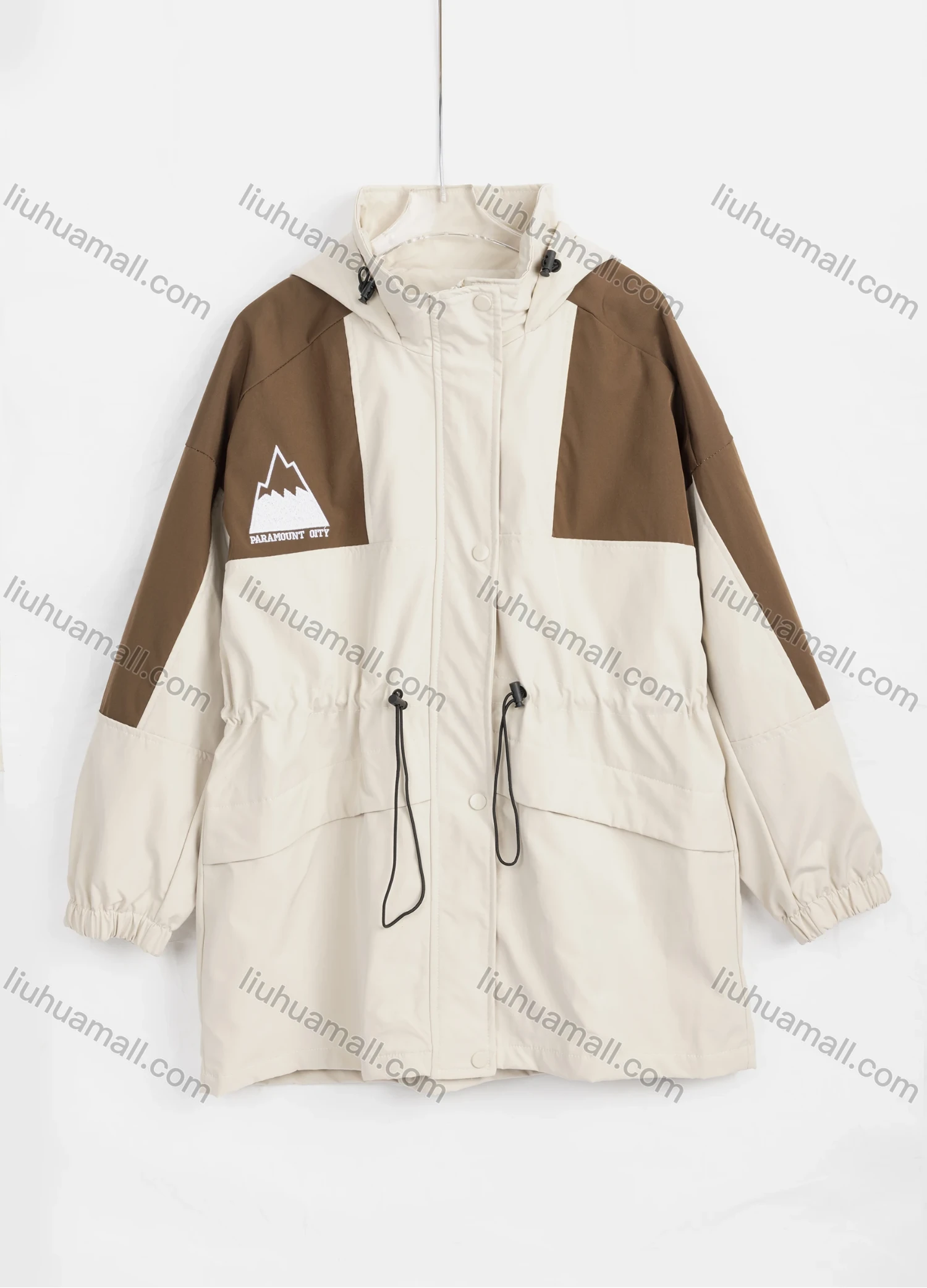 Wholesale Women's Casual Plain Contrast Colorblock Button Down Hooded Drawstring Windbreaker Jacket 2323# - Liuhuamall