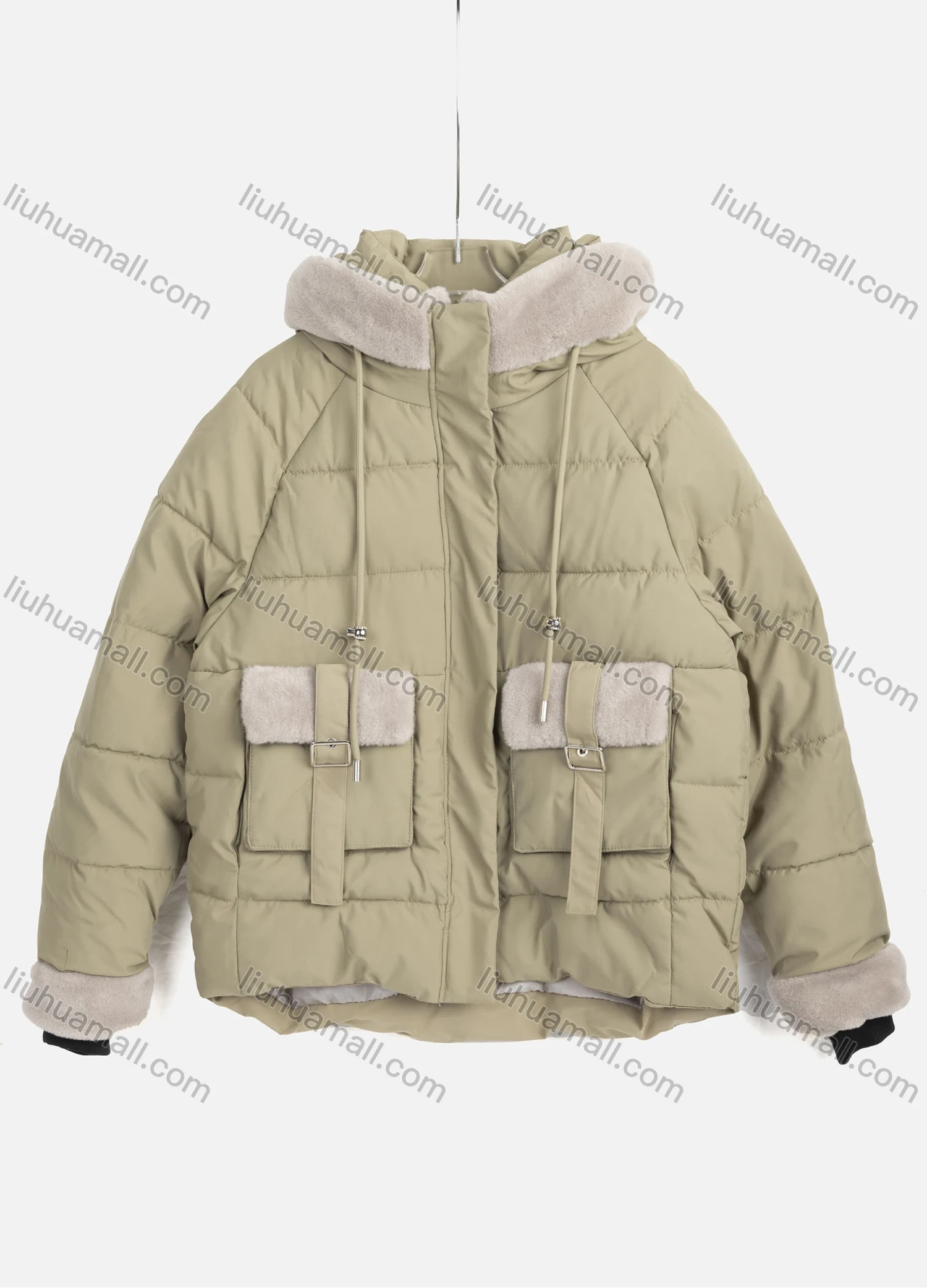 Wholesale Women's Casual Plain Splicing Drawstring Flap Pockets Hooded Thermal Puffer Coat 2306# - Liuhuamall