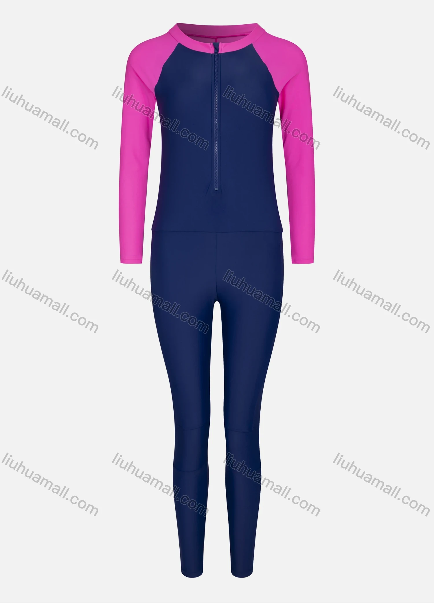 Wholesale Women's Sporty Zip Front Plain Round Neck Raglan Sleeve One Piece Swimsuit L215# - Liuhuamall