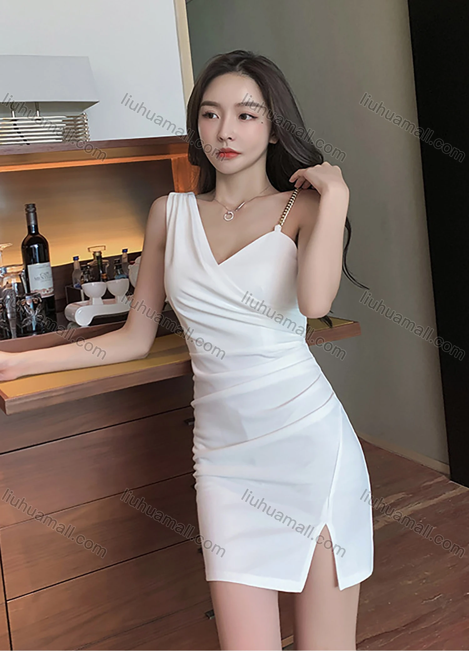 Wholesale Women's Glamorous Plain Asymmetrical Neck Metal Strap Wrap Ruched Split Hem Short Dress - Liuhuamall