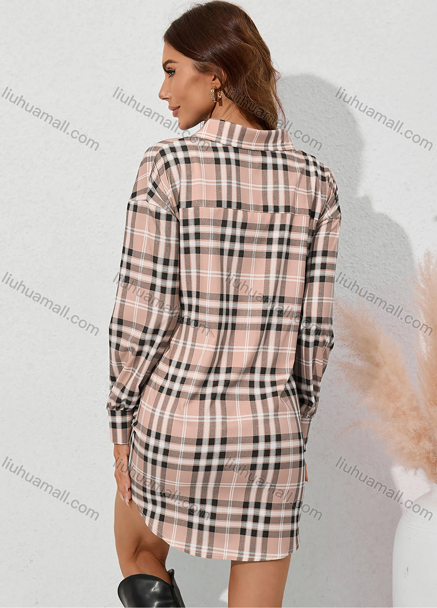 Wholesale Women's Casual Plaid Collared Long Sleeve Button Down Tie Front Curved Hem Shirt Short Dress - Liuhuamall