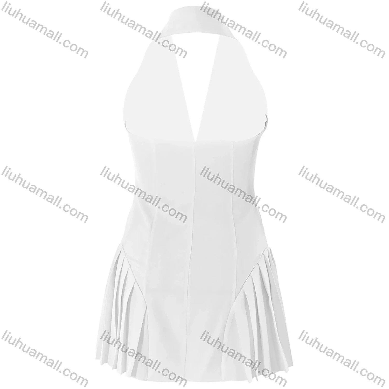 Wholesale Women's Fashion Plain Lapel Button Down Splicing Pleated Open Back Halter Short Dress - Liuhuamall