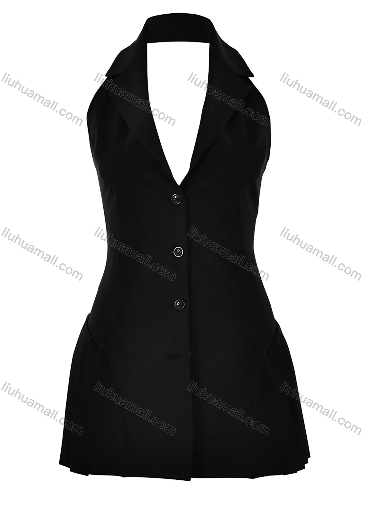 Wholesale Women's Fashion Plain Lapel Button Down Splicing Pleated Open Back Halter Short Dress - Liuhuamall