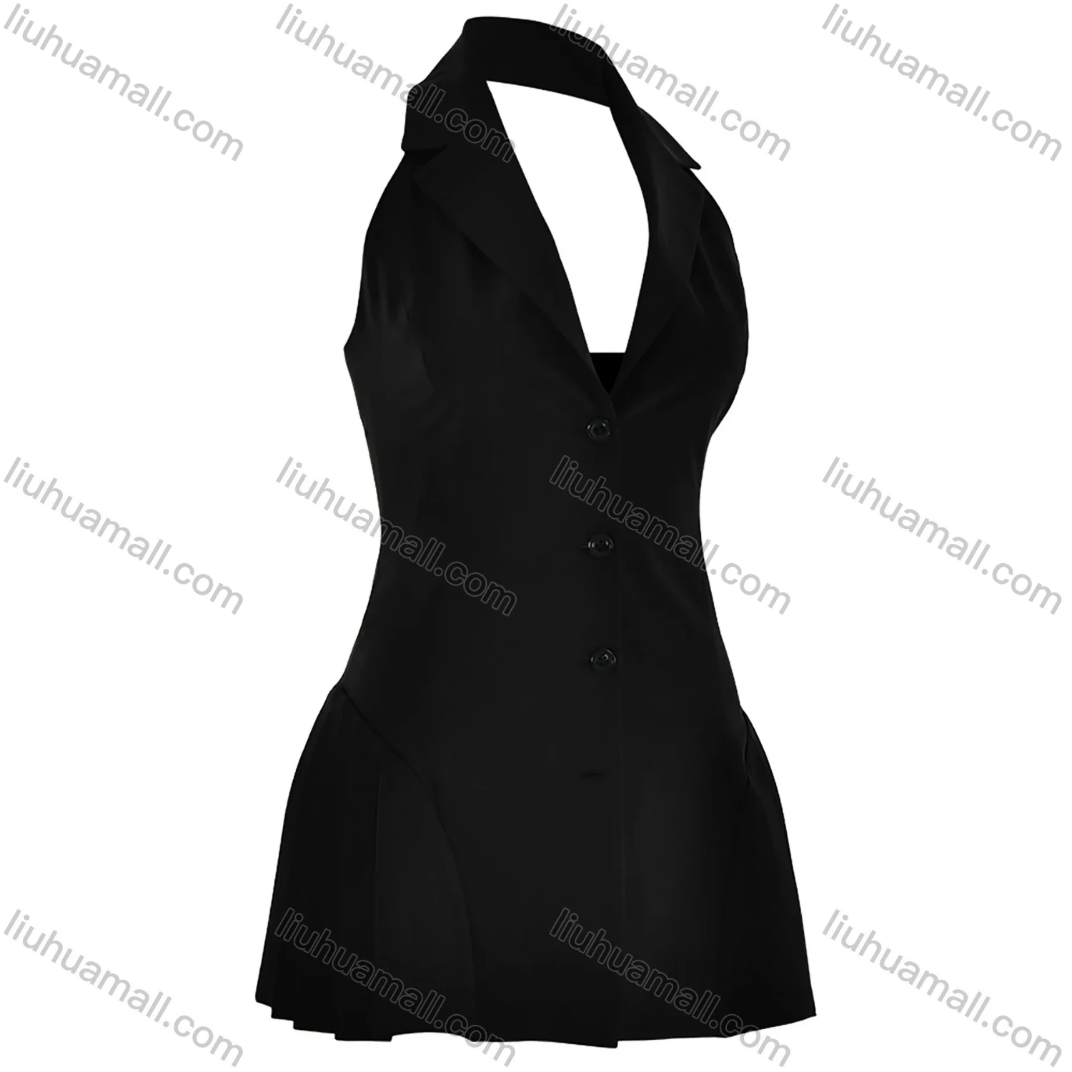 Wholesale Women's Fashion Plain Lapel Button Down Splicing Pleated Open Back Halter Short Dress - Liuhuamall