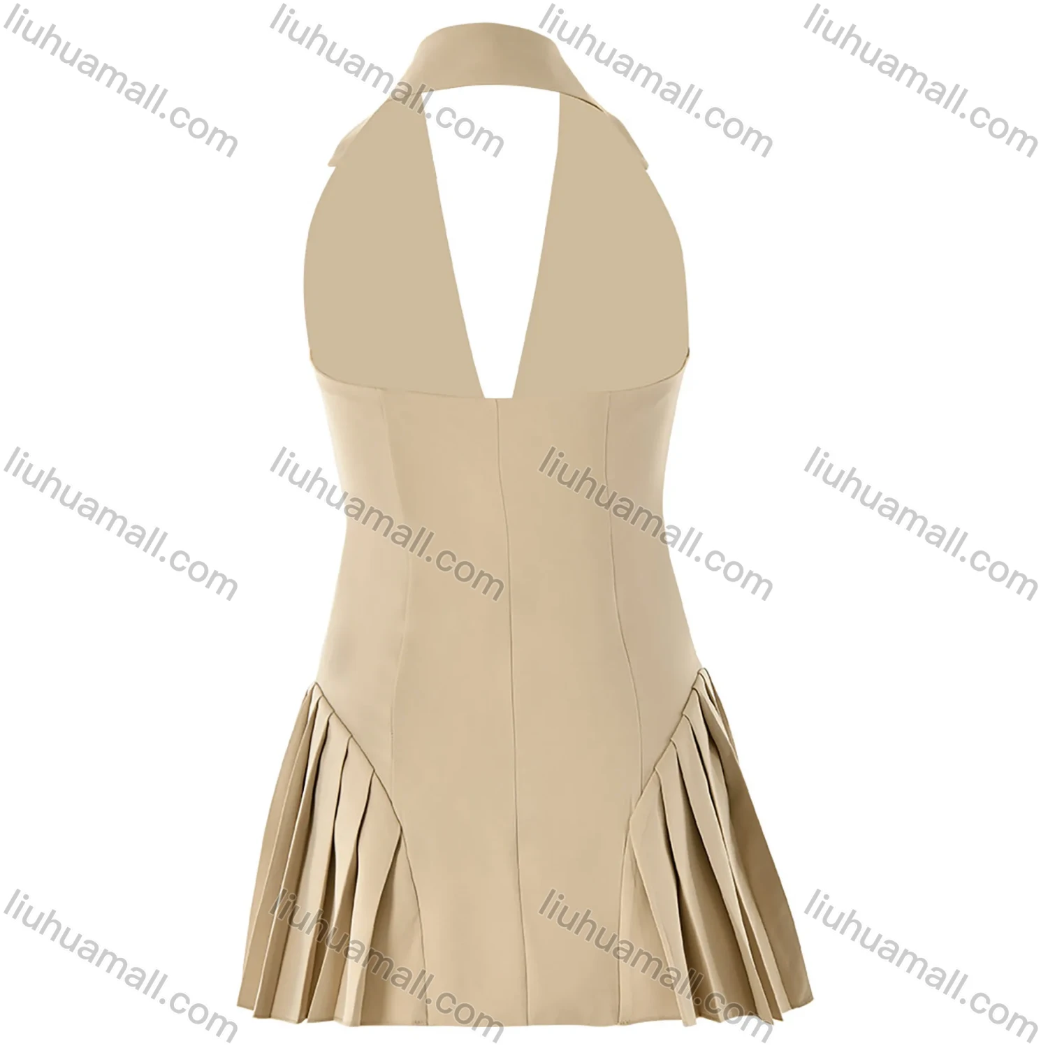 Wholesale Women's Fashion Plain Lapel Button Down Splicing Pleated Open Back Halter Short Dress - Liuhuamall