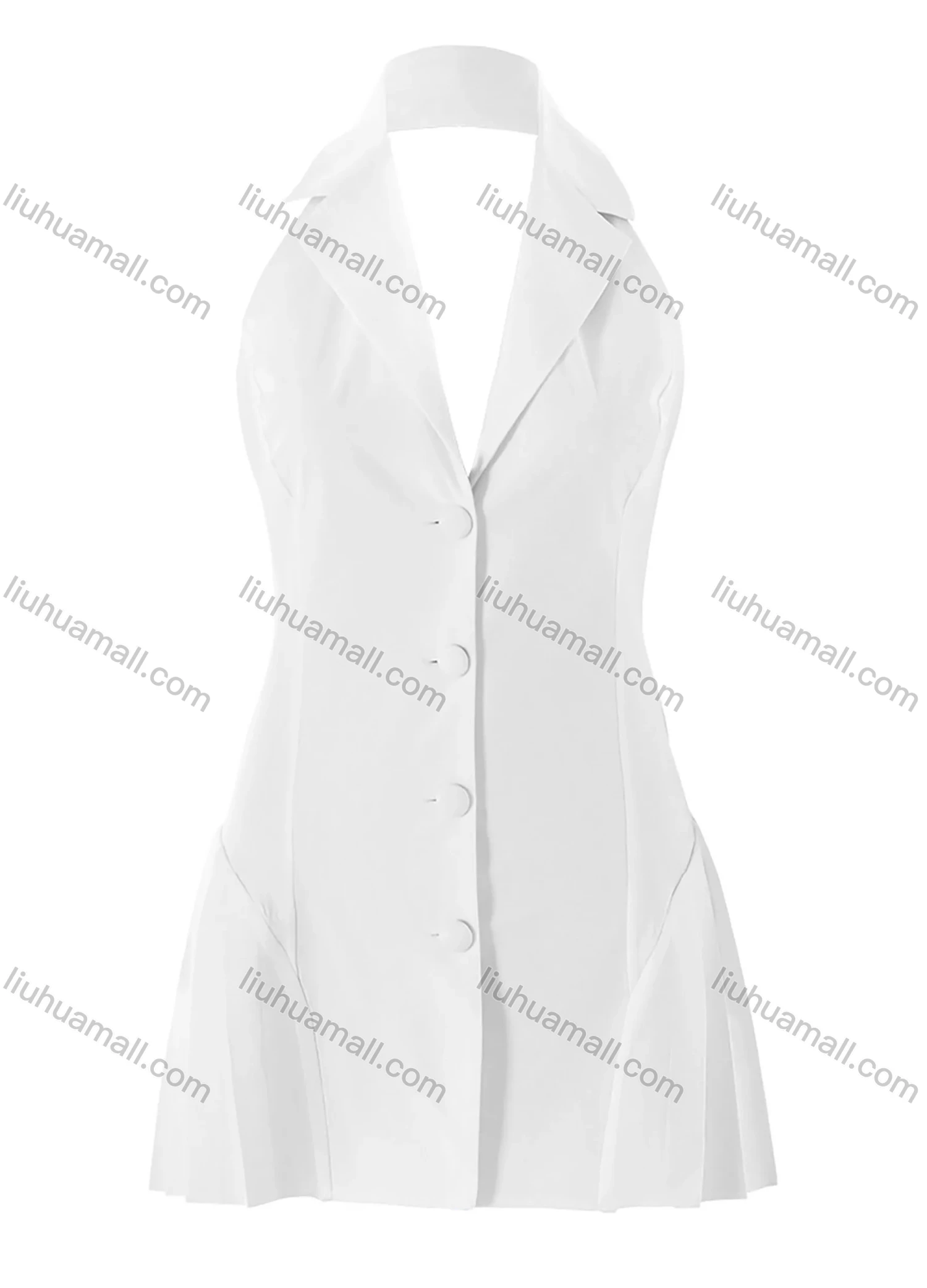 Wholesale Women's Fashion Plain Lapel Button Down Splicing Pleated Open Back Halter Short Dress - Liuhuamall