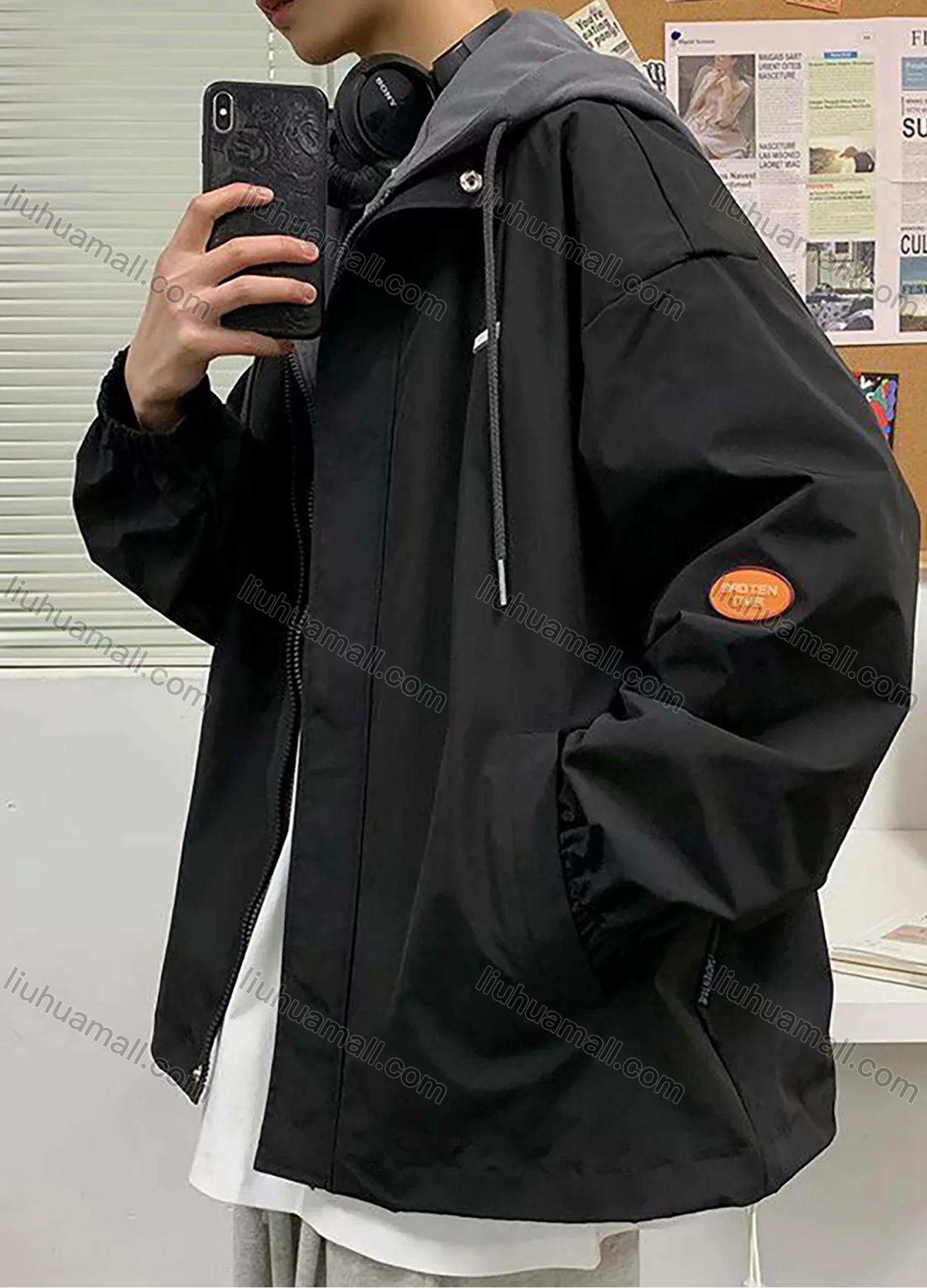 Wholesale Men's Casual Plain 2 in 1 Long Sleeve Drawstring Hooded Patch Pocket Jacket - Liuhuamall