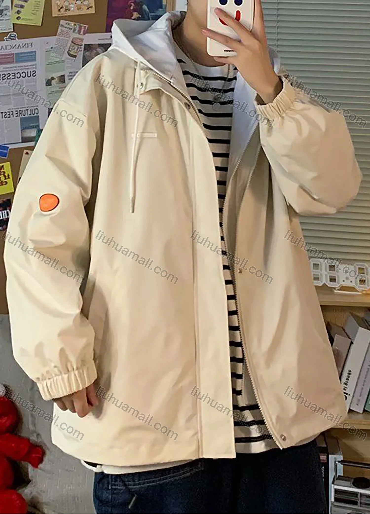 Wholesale Men's Casual Plain 2 in 1 Long Sleeve Drawstring Hooded Patch Pocket Jacket - Liuhuamall