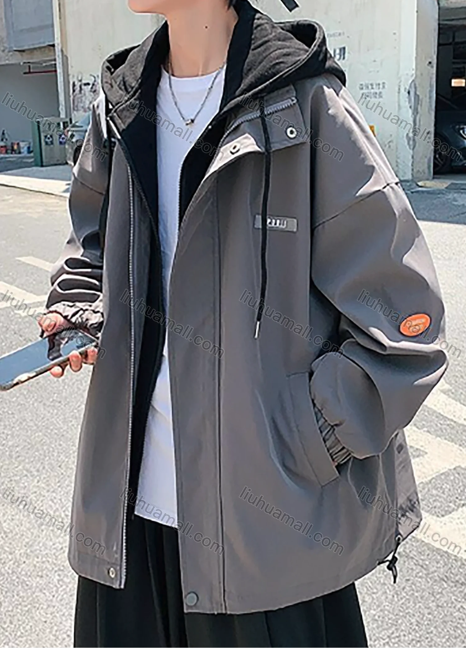 Wholesale Men's Casual Plain 2 in 1 Long Sleeve Drawstring Hooded Patch Pocket Jacket - Liuhuamall